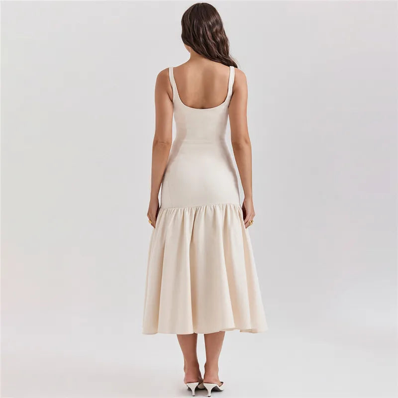 Elegant Backless Maxi Fishtail Dress for Women - Square Collar Sleeveless Loose Pleated Long Gown | Perfect for Evening Parties, Weddings & Special Occasions