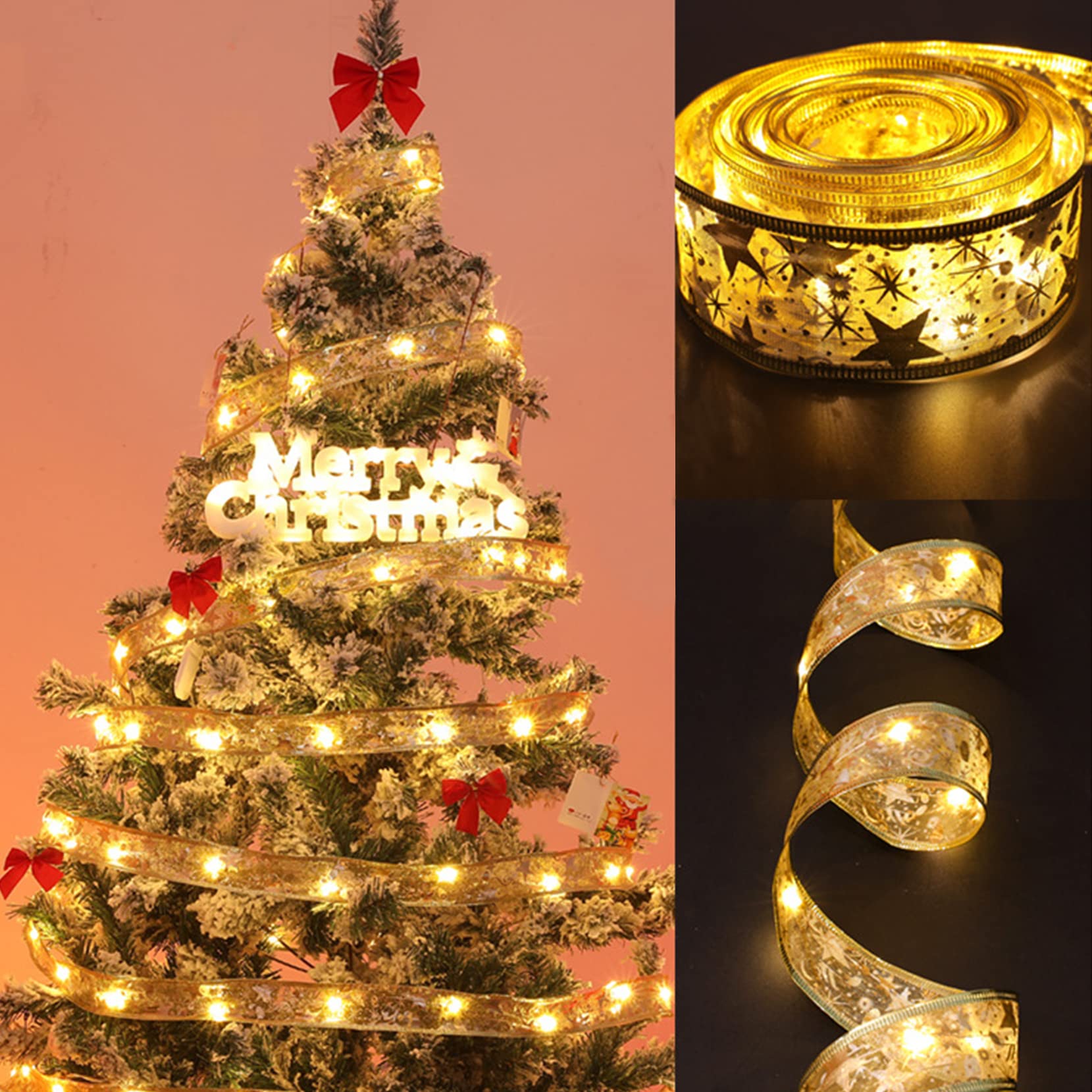 NOVOWAY 32.8Ft 100 LED Christmas Ribbon Lights - Gold Copper Wire Fairy Lights for Tree Decorations, Indoor/Outdoor Holiday Party Wedding Decor
