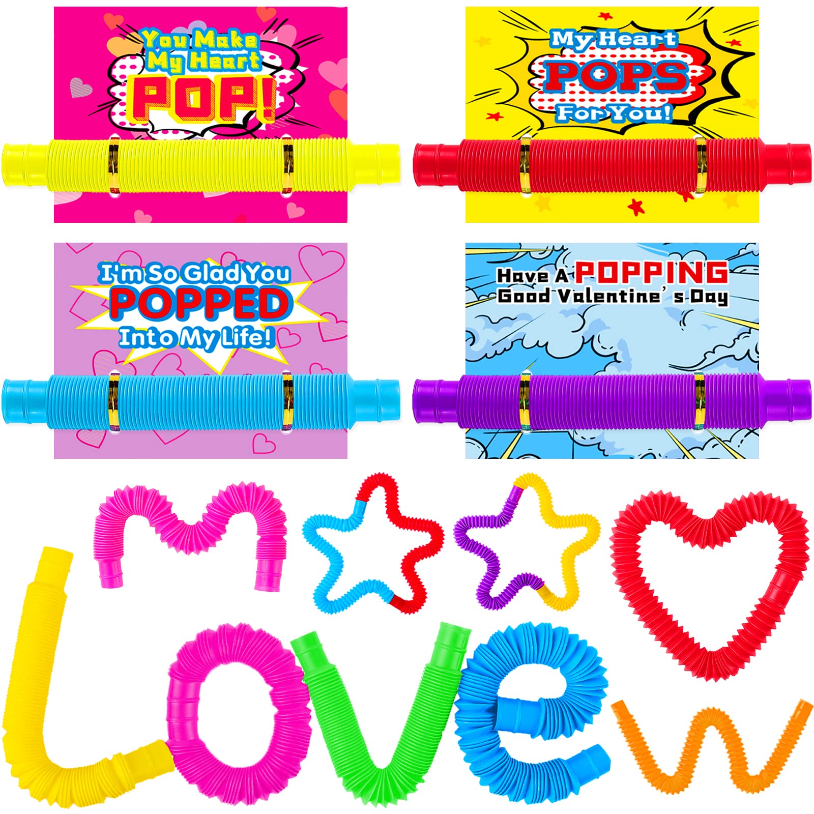 Valentine's Day Gifts for Kids - 28 Pack Pop Tubes Sensory Toys with Valentine's Cards for Classroom Exchange, School Party Favors, Fidget Toys for Boys & Girls - Perfect for Valentine's Classroom Activities, Sensory Play & Stress Relief