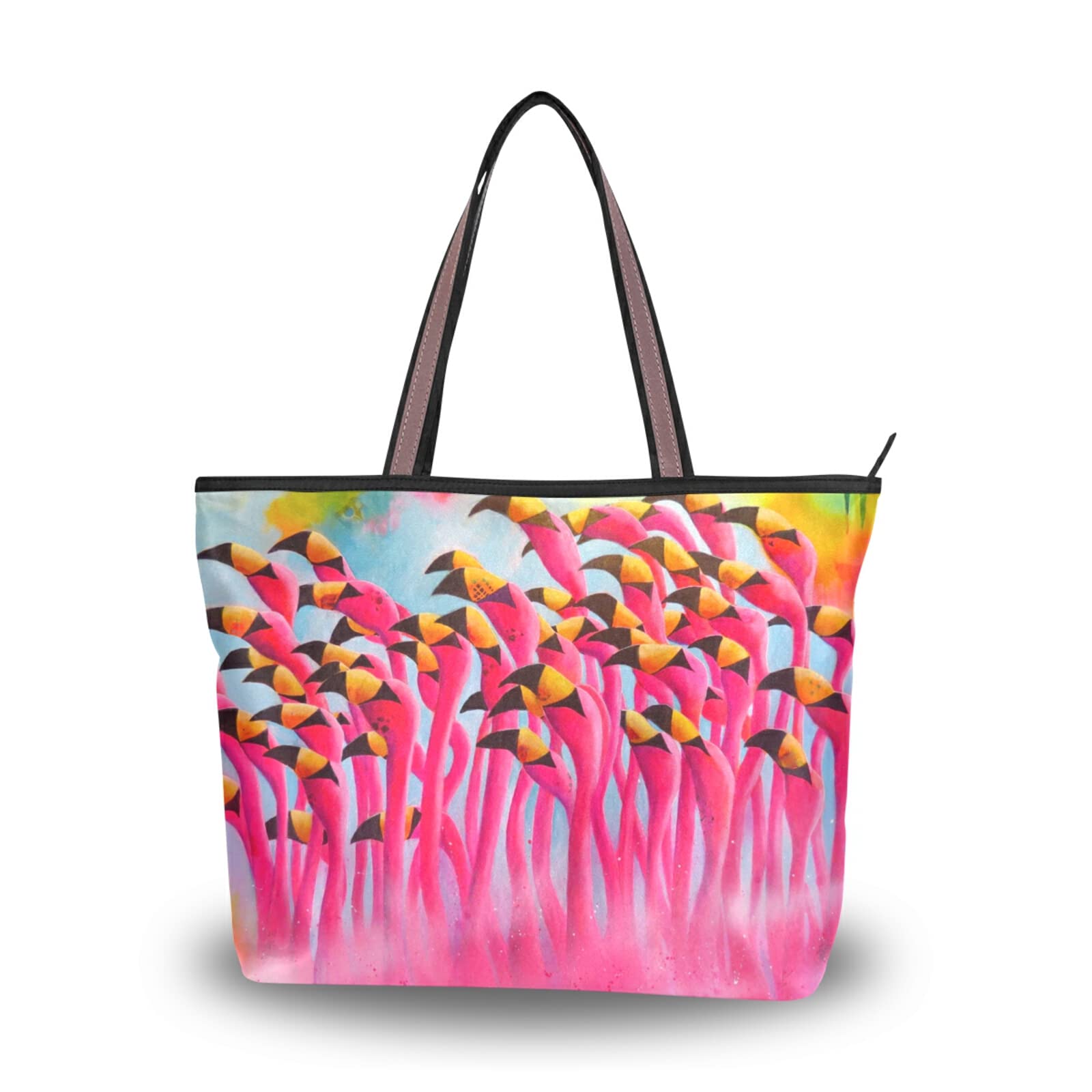 Stylish Flamingo Print Tote Bag for Women - Large Capacity Zipper Grocery Bag with 2 Size Options - Perfect for Shopping, Beach Trips & Daily Use