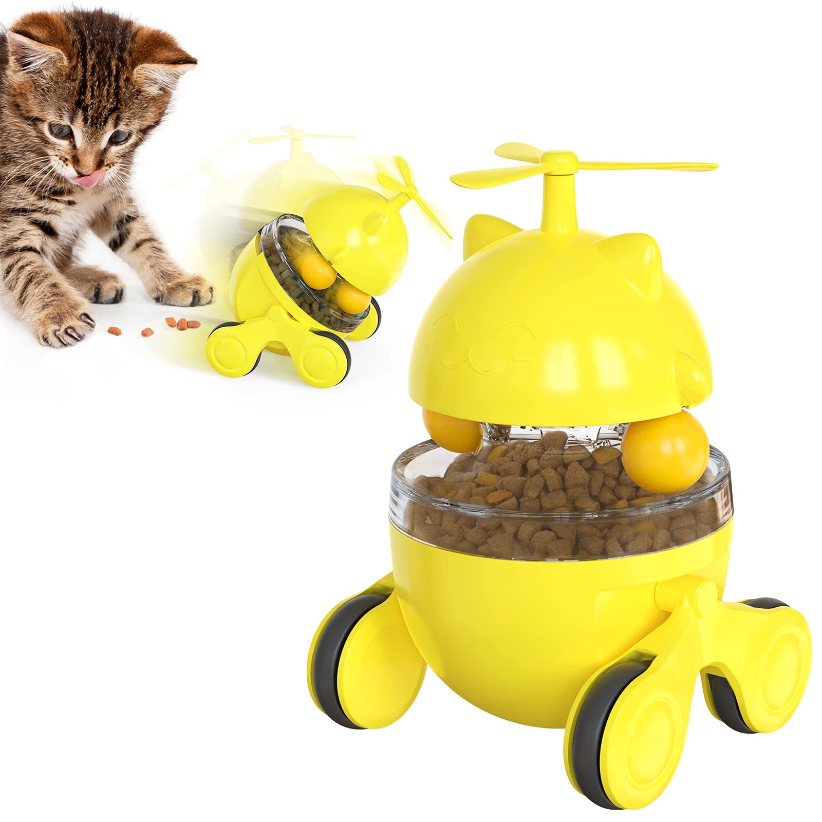 PUINGREN Interactive Cat Food Dispenser Toy - Tumbler Shaped Puzzle Feeder with Double Balls & Windmill Propeller - Slow Eating Treat Ball for Indoor Cats - Fun Mental Stimulation & Exercise Toy (Yellow) - Perfect for Playtime, Training, and Preventing Boredom