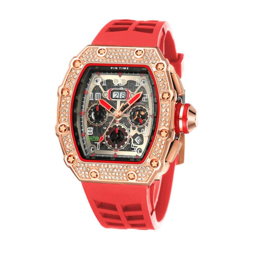 YXBQUEEN Men's Stainless Steel Diamond Chronograph Watch - Sporty Analog Quartz Timepiece with Rectangle Punk Design & Big Face - Perfect for Business, Casual Wear & Special Occasions