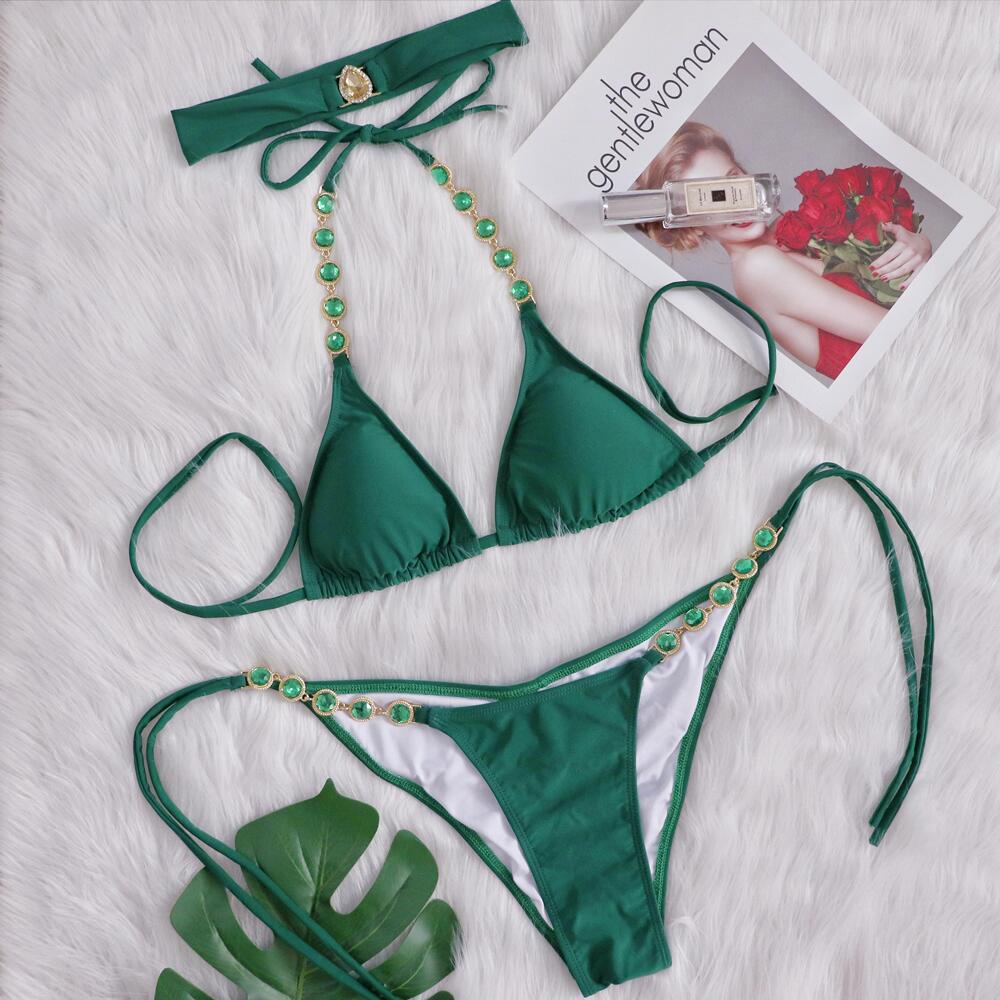 Sexy Vintage Crystal Diamond Chain Bikini Set - High Waisted Solid Swimsuit with Matching Headband for Women | Perfect for Beach, Pool Party & Summer Vacation