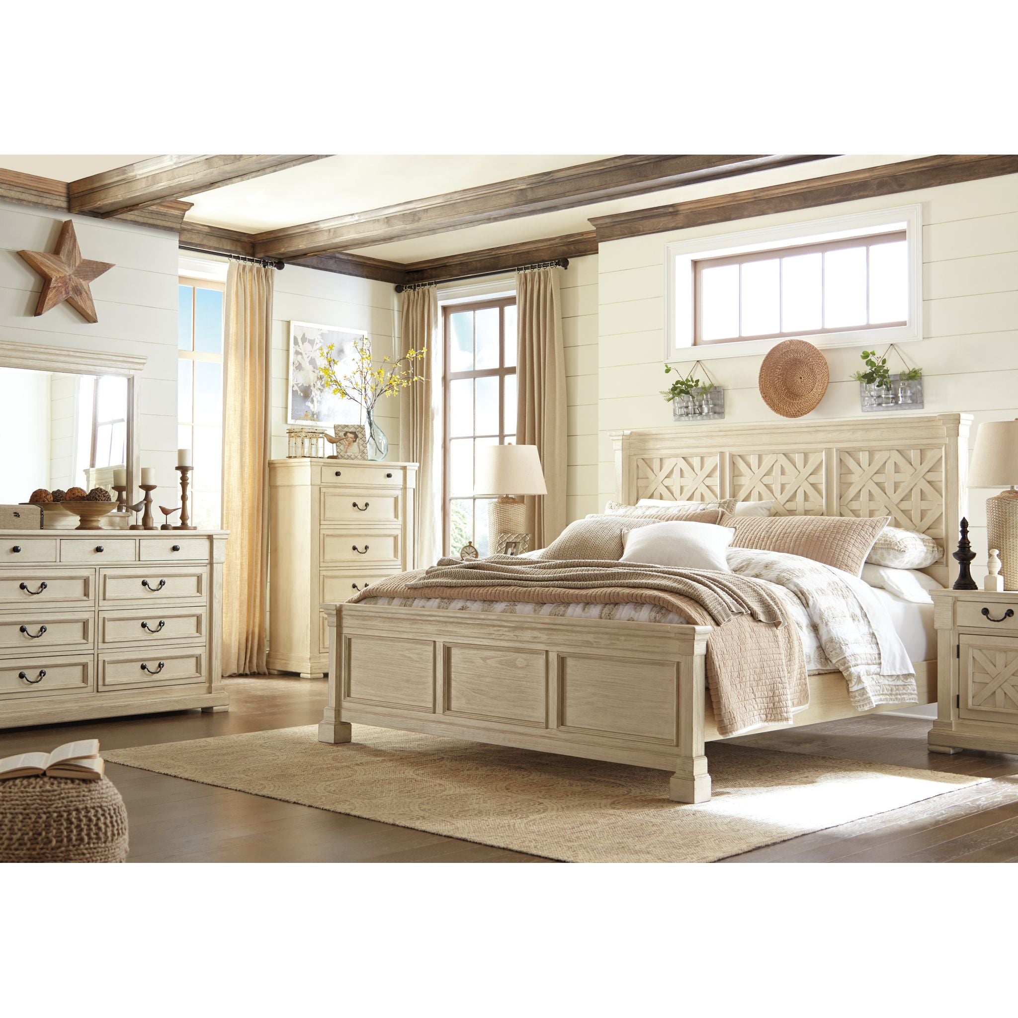 Bolanburg Panel Bed - Antique White Queen Size Bed Frame with Wooden Headboard - Perfect for Master Bedroom, Guest Room & Modern Farmhouse Decor