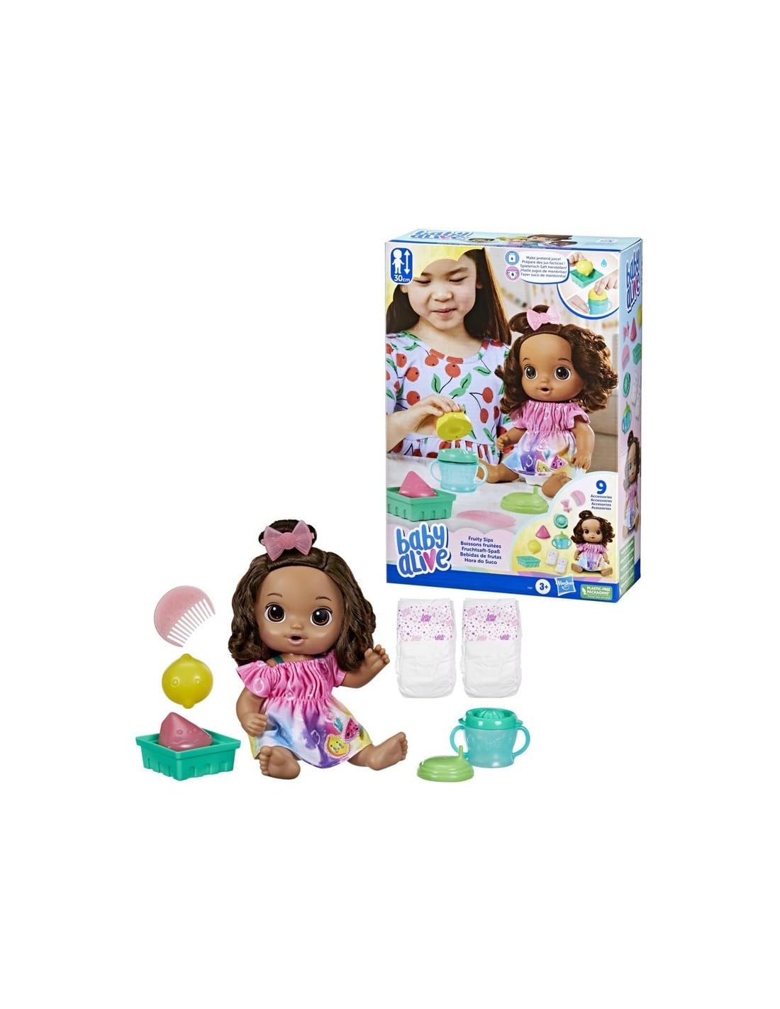 Baby Alive Fruity Sips Lemon Doll - 12-inch Interactive Baby Doll with Drink & Wet Feature, Pretend Juicer Toy for Girls Age 3+ (Brown Hair) - Perfect for Imaginative Play, Role Play & Gift Giving
