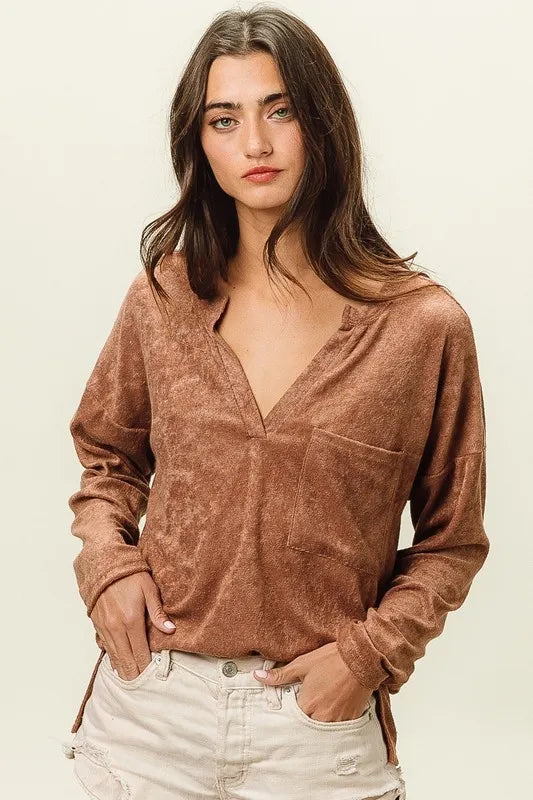 BiBi Loop Terry Solid V-Neck Pocket Top for Women - Soft Casual T-Shirt with Pocket for Everyday Wear, Gym, and Lounge