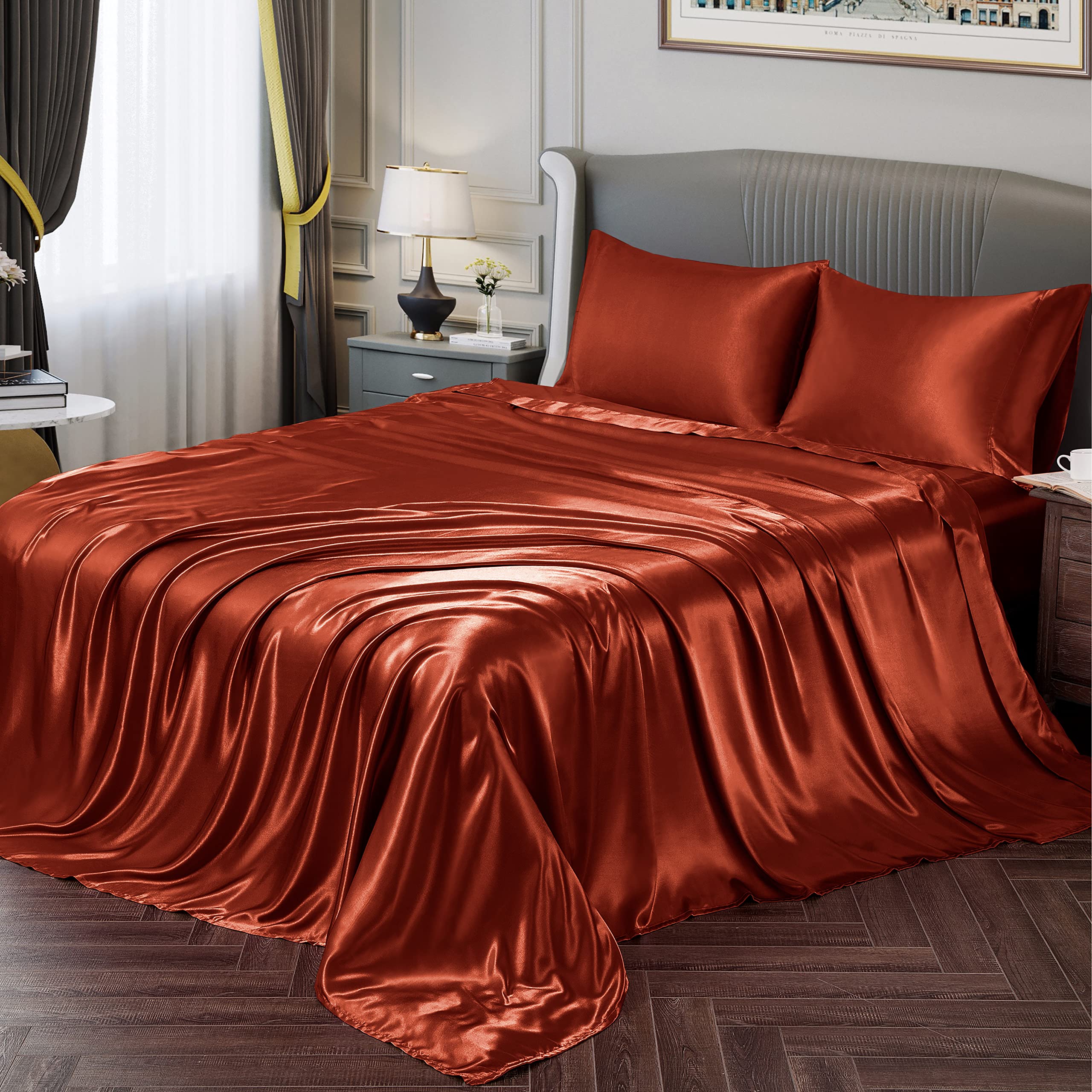 Luxury Vonty Satin Sheets Set - California King Size, Ultra Soft & Breathable Satin Bedding (Rust Orange) - Includes 1 Deep Pocket Fitted Sheet, 1 Flat Sheet & 2 Pillowcases - Perfect for Master Bedroom, Guest Room & Hotel Luxury Experience