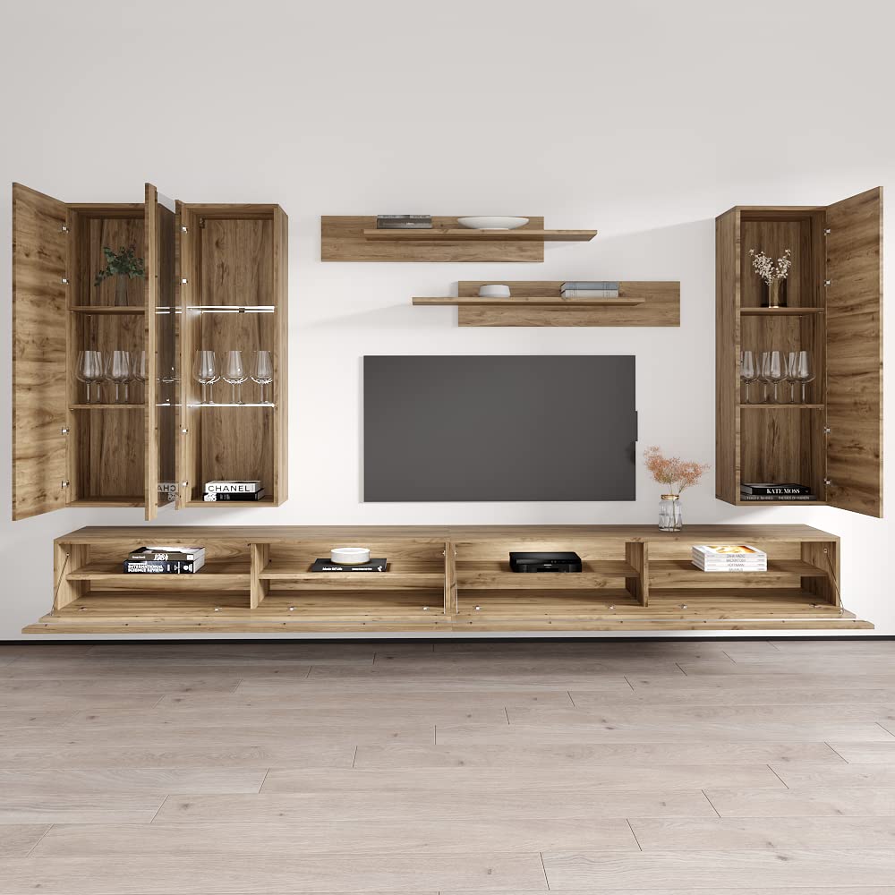 Modern Floating TV Stand with Storage & LED Lights - Wall-Mounted Entertainment Center for Bedroom & Living Room - Oak Wood TV Console with Shelves (Perfect for Small Spaces & Home Theater Setup)