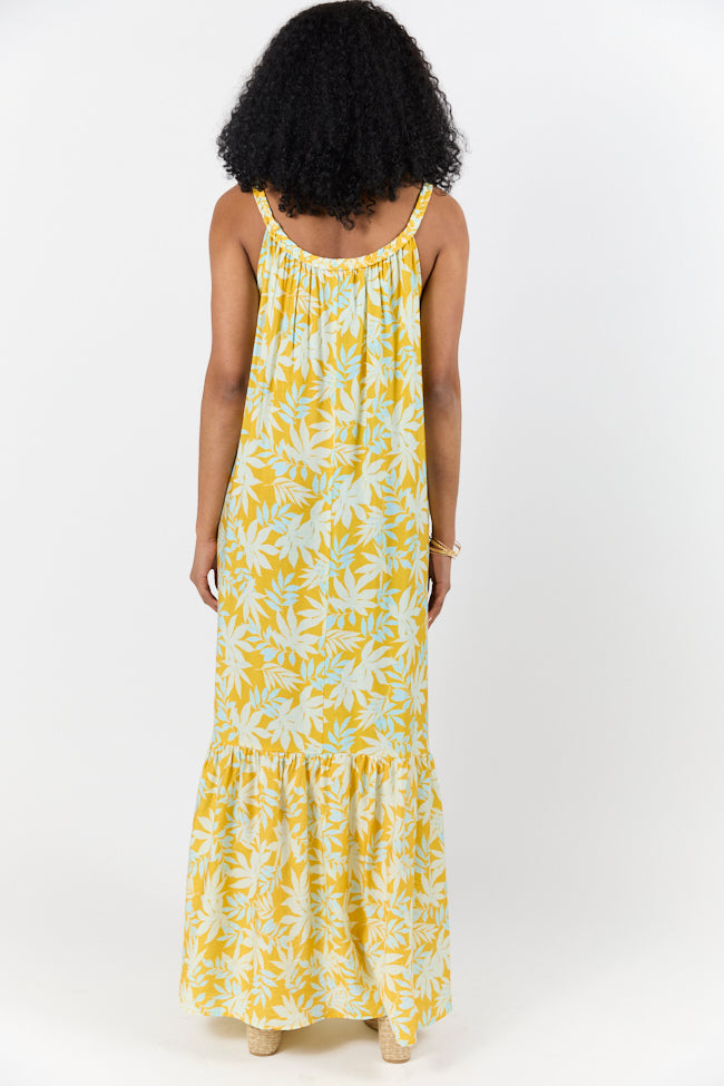 Yellow Leaf Print Maxi Dress - Flowy Bohemian Summer Dress for Women | Perfect for Beach Vacations, Music Festivals & Date Nights