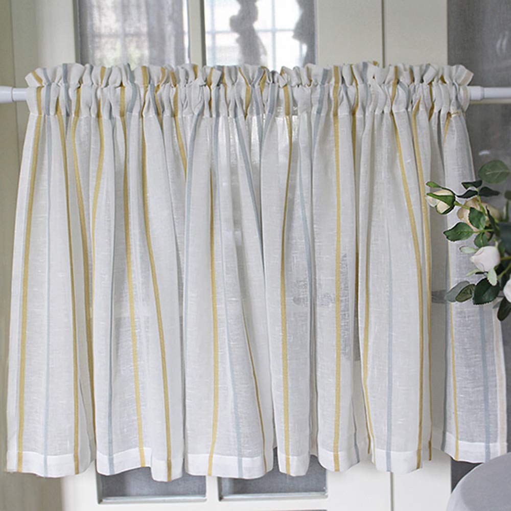 FACC White Striped Cafe Curtains 24 Inch Length - Handmade Natural Cotton Tier Kitchen Curtains with Valance for Small Windows | Perfect for Kitchen, Bathroom, Breakfast Nook & Half Window Coverings