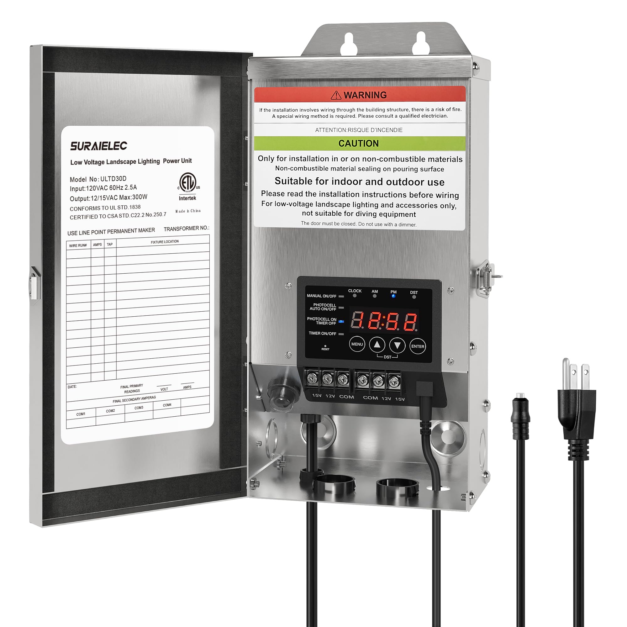 300W Low Voltage Landscape Transformer - 12V/15V AC Output for Outdoor Lighting - ETL Listed Stainless Steel with Detachable Photocell & Digital Timer - Perfect for Garden Path, Deck, and Yard Lighting Systems