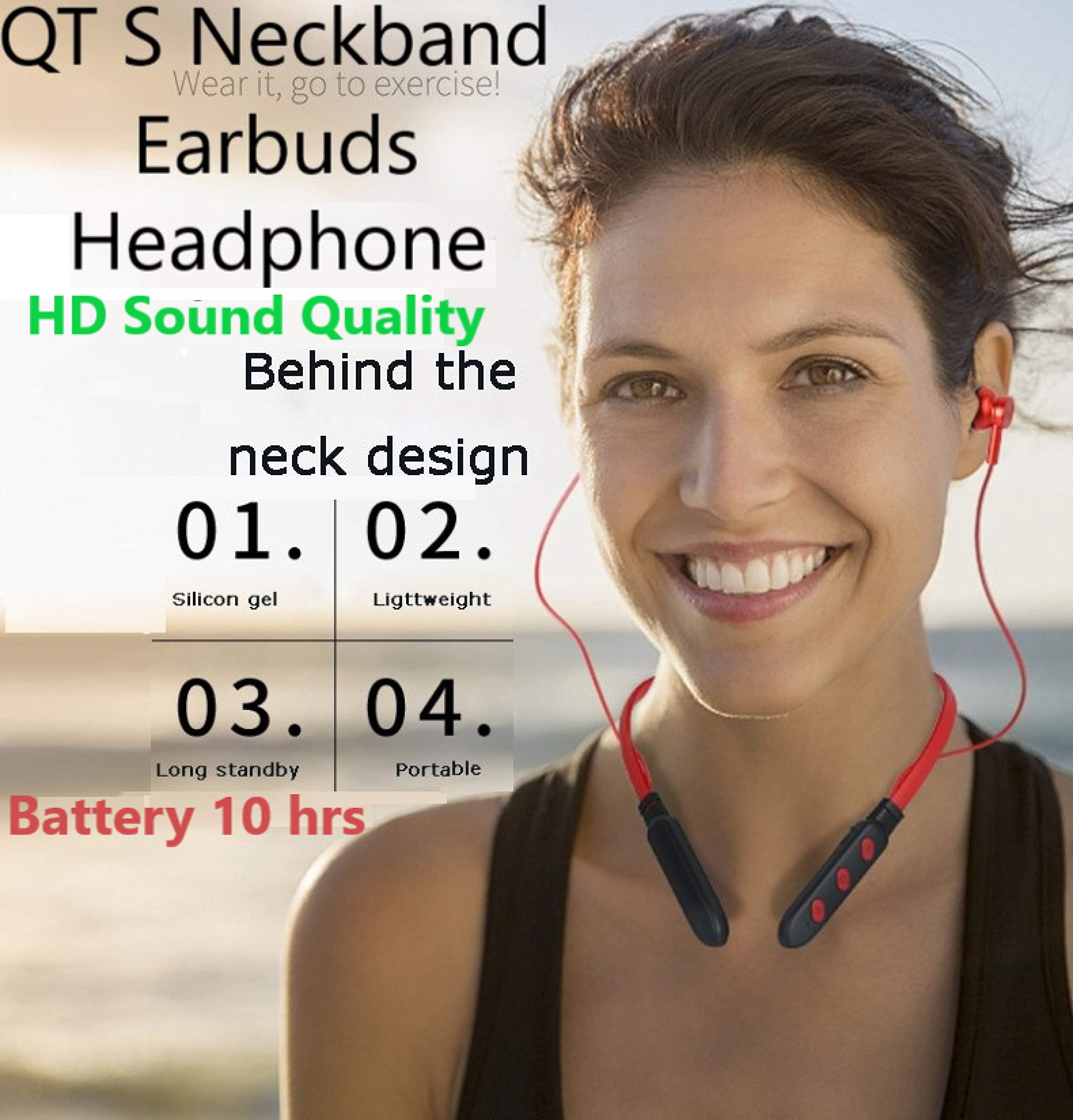 QT S Bluetooth Neckband Headphones - Wireless Stereo Headset with HD Sound V5.0, Noise Cancelling, Sweat/Waterproof for Gym, Workout, Travel & Business | 7-Hour Playtime | Perfect for Running, Commuting & Music Lovers