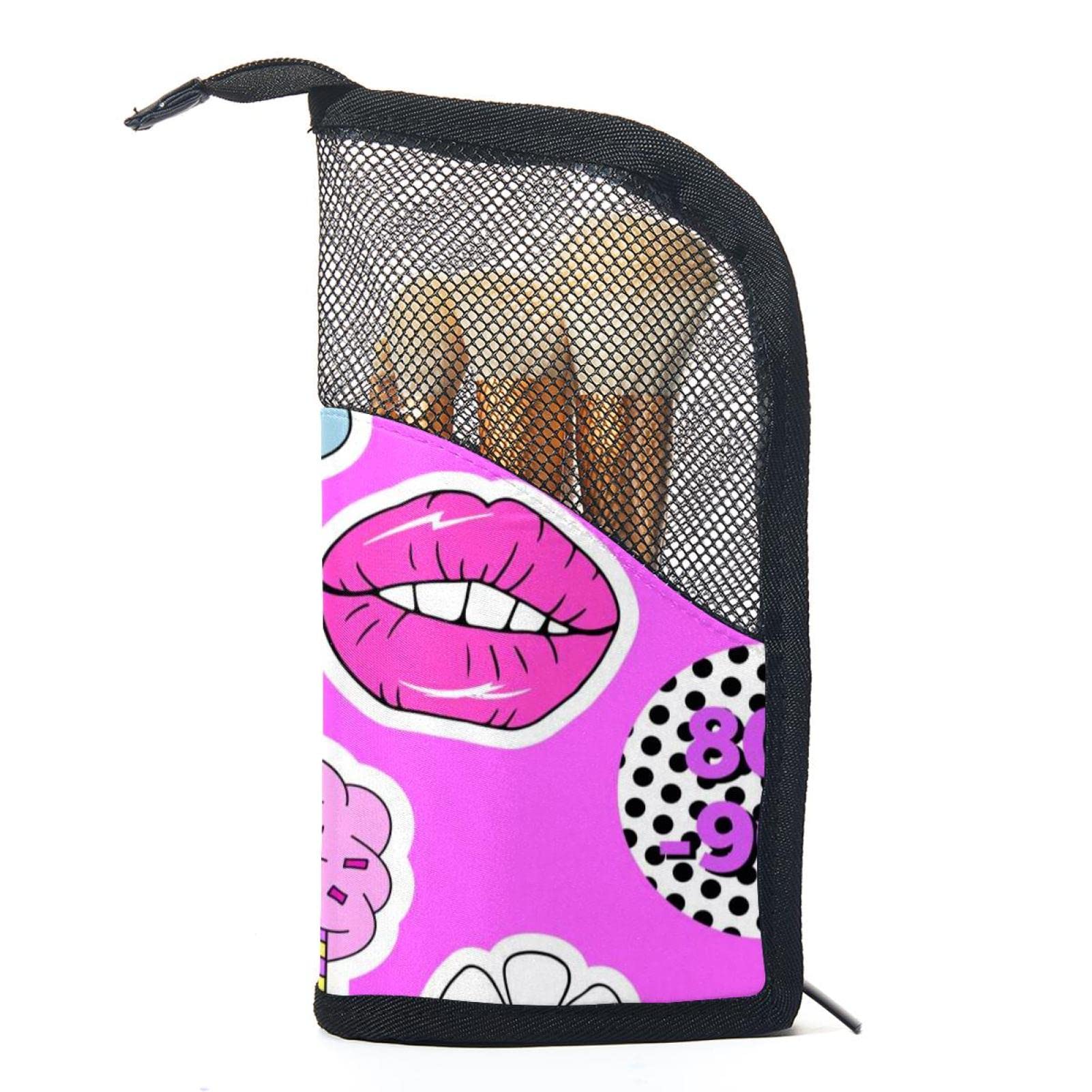 12-Piece Makeup Brush Organizer Bag with Portable Holder Case - Pink Lips Ice Cream Cat Design for Travel & Home Storage | Perfect for Makeup Artists & Beauty Enthusiasts