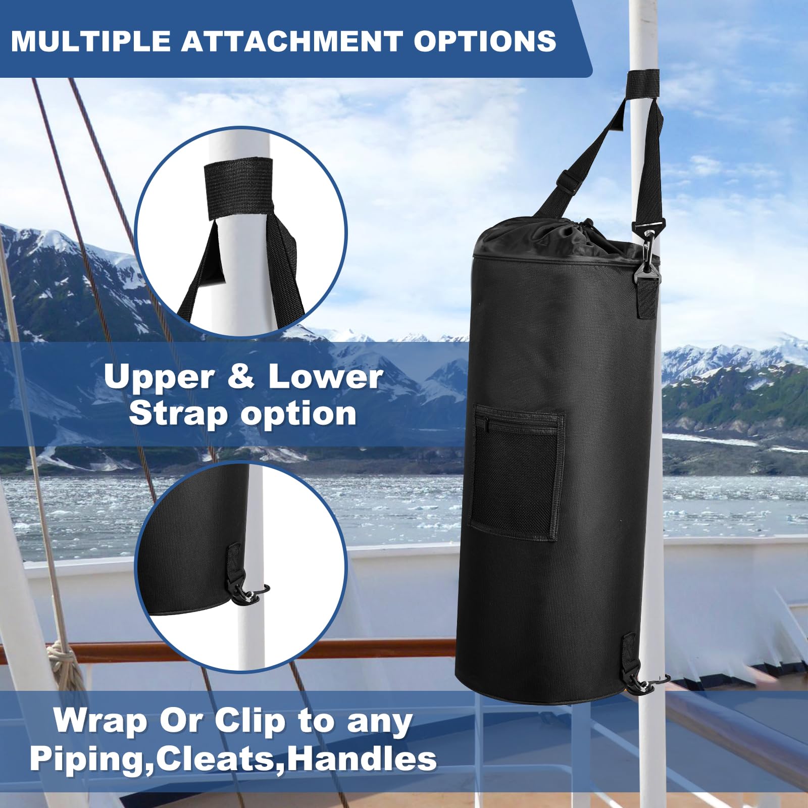 13 Gallon Waterproof Boat Trash Can with 6 Clips & Storage Pocket - Reusable Marine Garbage Holder for Pontoon Boats, Fishing, Sandbar & Camping - Fast Cleaning Boat Accessories for Outdoor Adventures