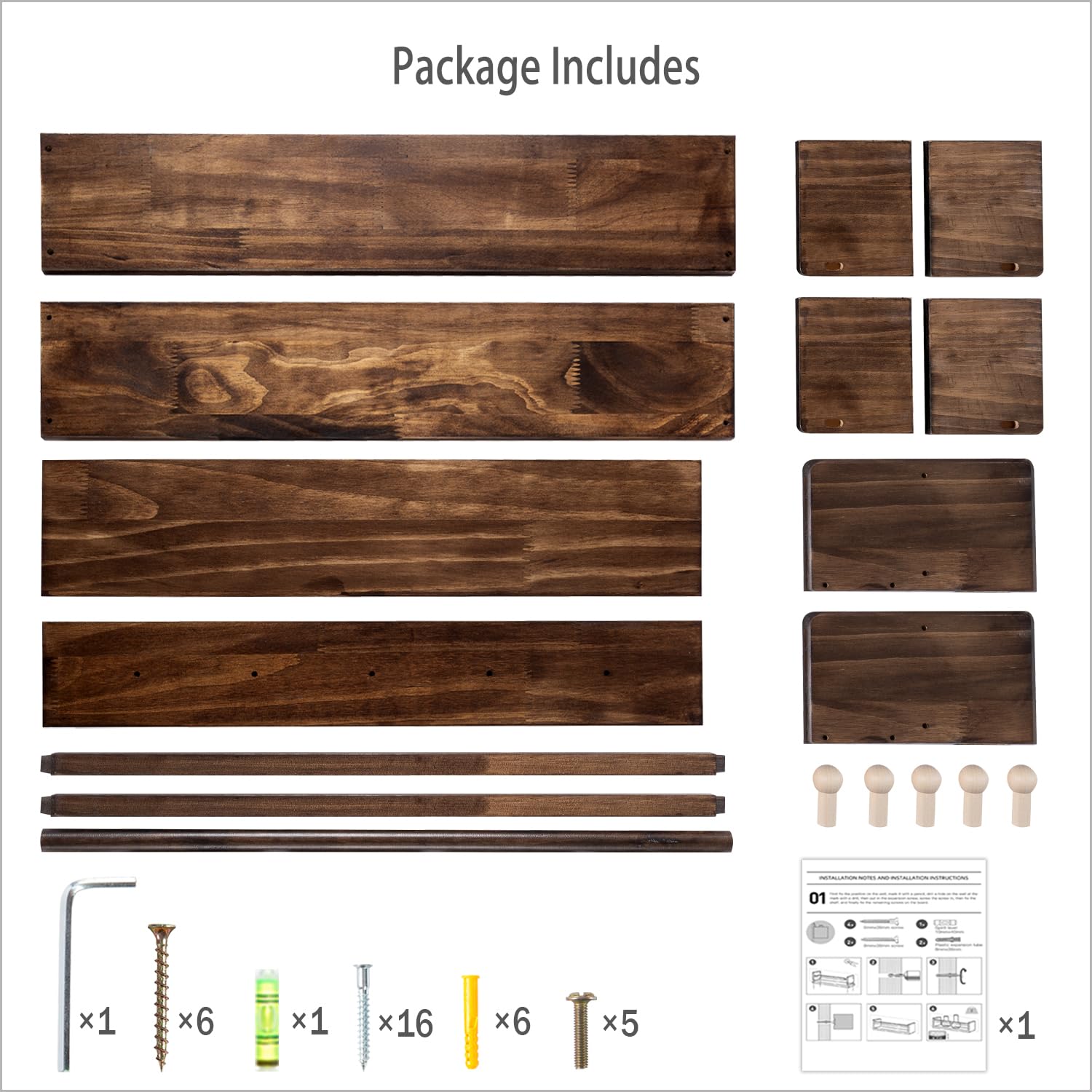 AZSKY 16 Inch Floating Bookshelf Set of 3 - Deep Walnut Wall Mounted Nursery Book Storage with Hooks for Kids Room, Bedroom, Bathroom, Living Room & Kitchen - Perfect for Organizing Children's Books, Toys & Decor