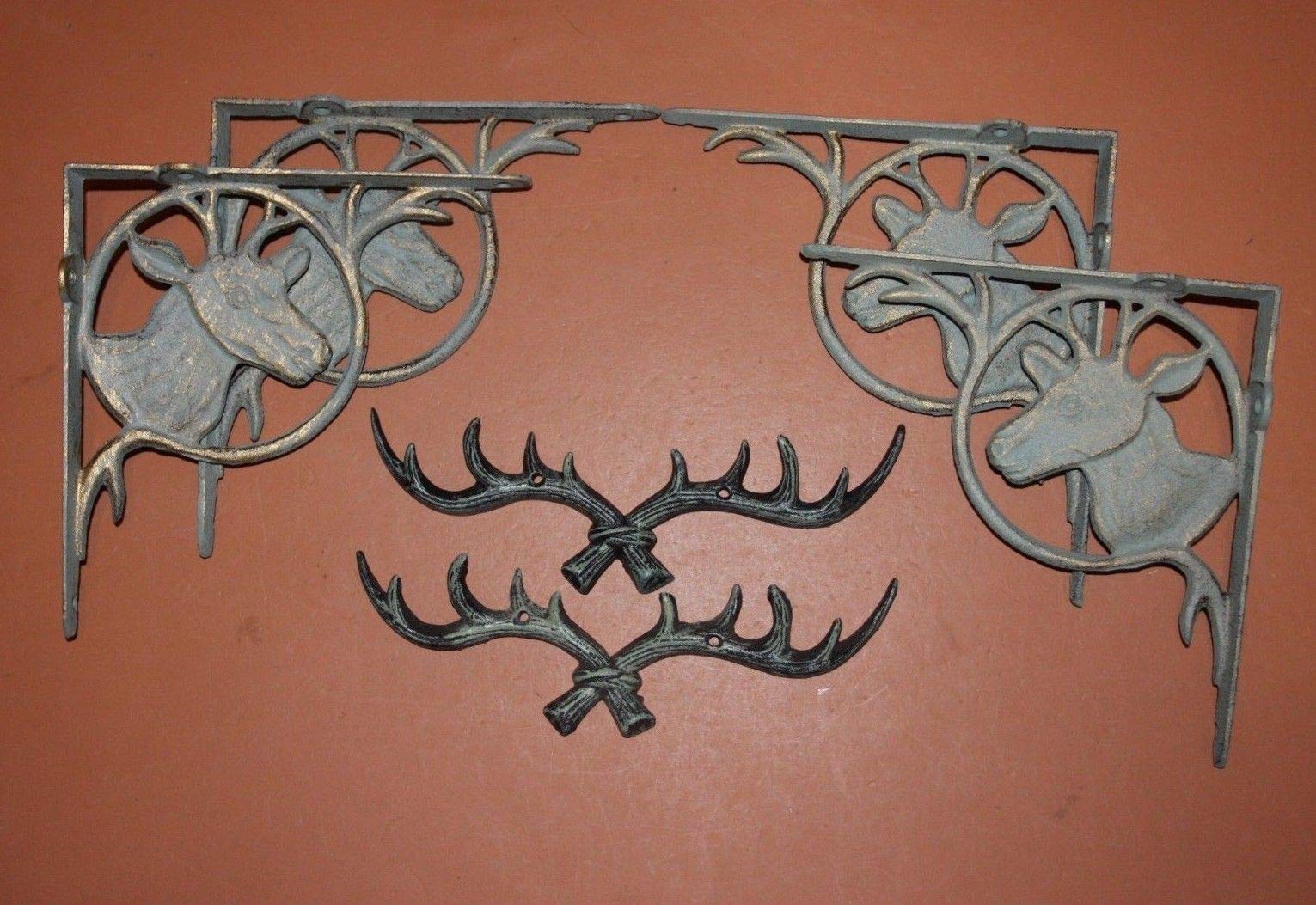 Deer Antler Wall Mount Decor - Set of 6 Cast Iron Shelf Brackets & Key Hooks for Rustic Cabin, Hunting Lodge, or Western Home Decor | Durable Deer Hunter Themed Storage Solution