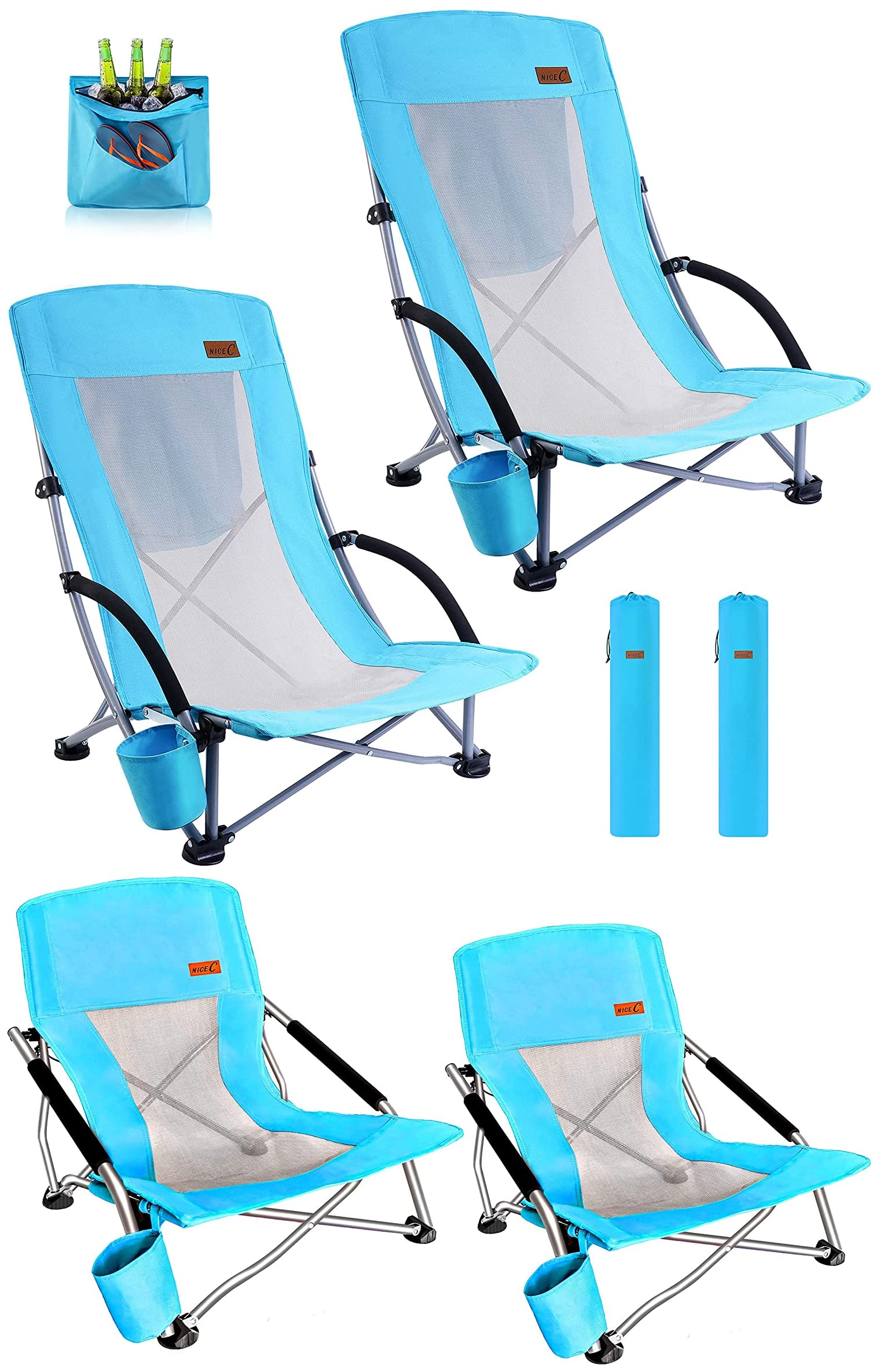 2 Pack Low Beach Chair & High Back Cooler Chair Set - Portable Folding Chairs for Beach, Pool, Camping, Picnics & Outdoor Relaxation