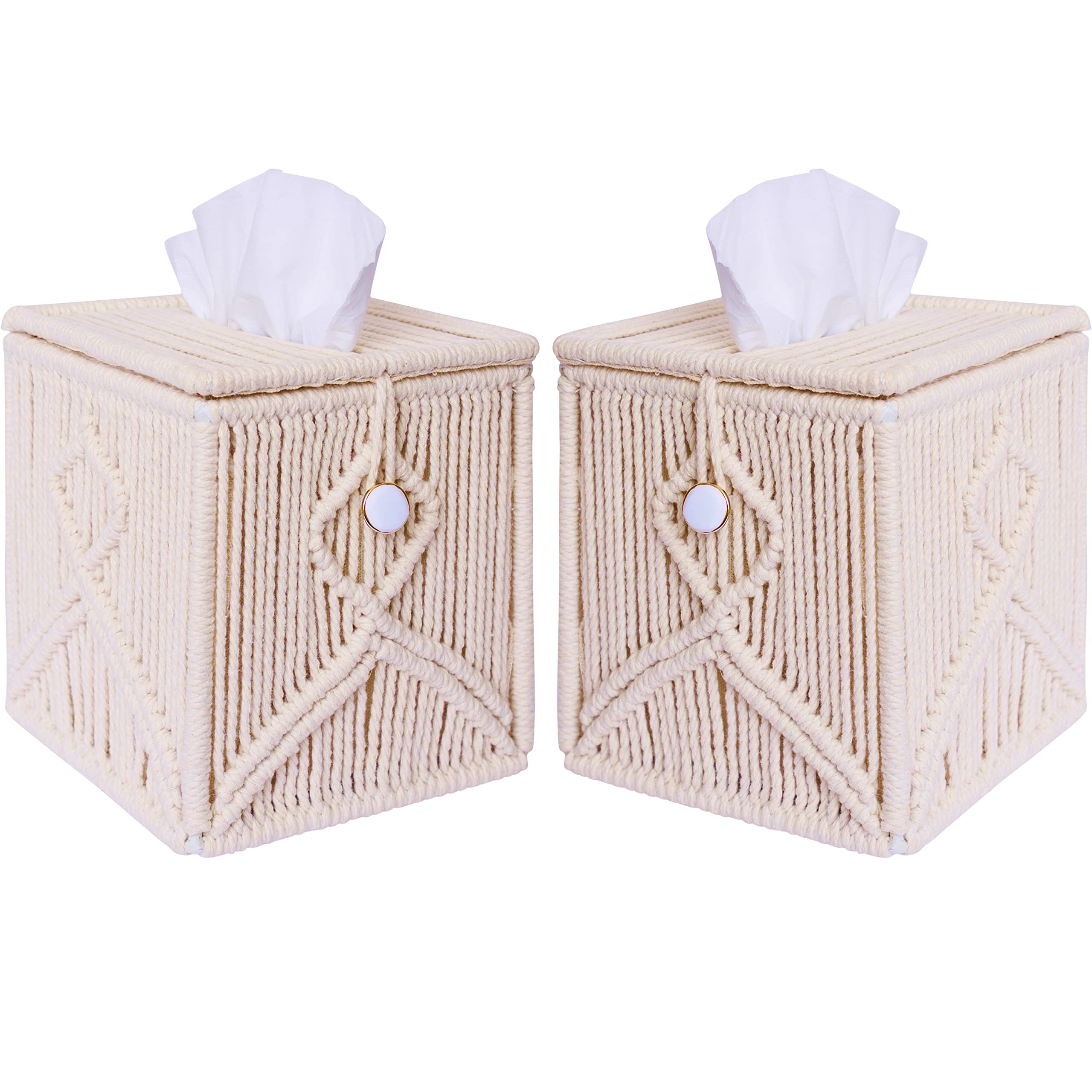 SnugLife Square Tissue Box Cover (2 Pack) - Decorative Macrame Tissue Holder with Pearl Clasp for Bathroom, Bedroom, Office - Woven Facial Napkin Dispenser, 5.5x5.5x6 Inches, Beige - Perfect for Vanity, Nightstand, Desk & Home Decor