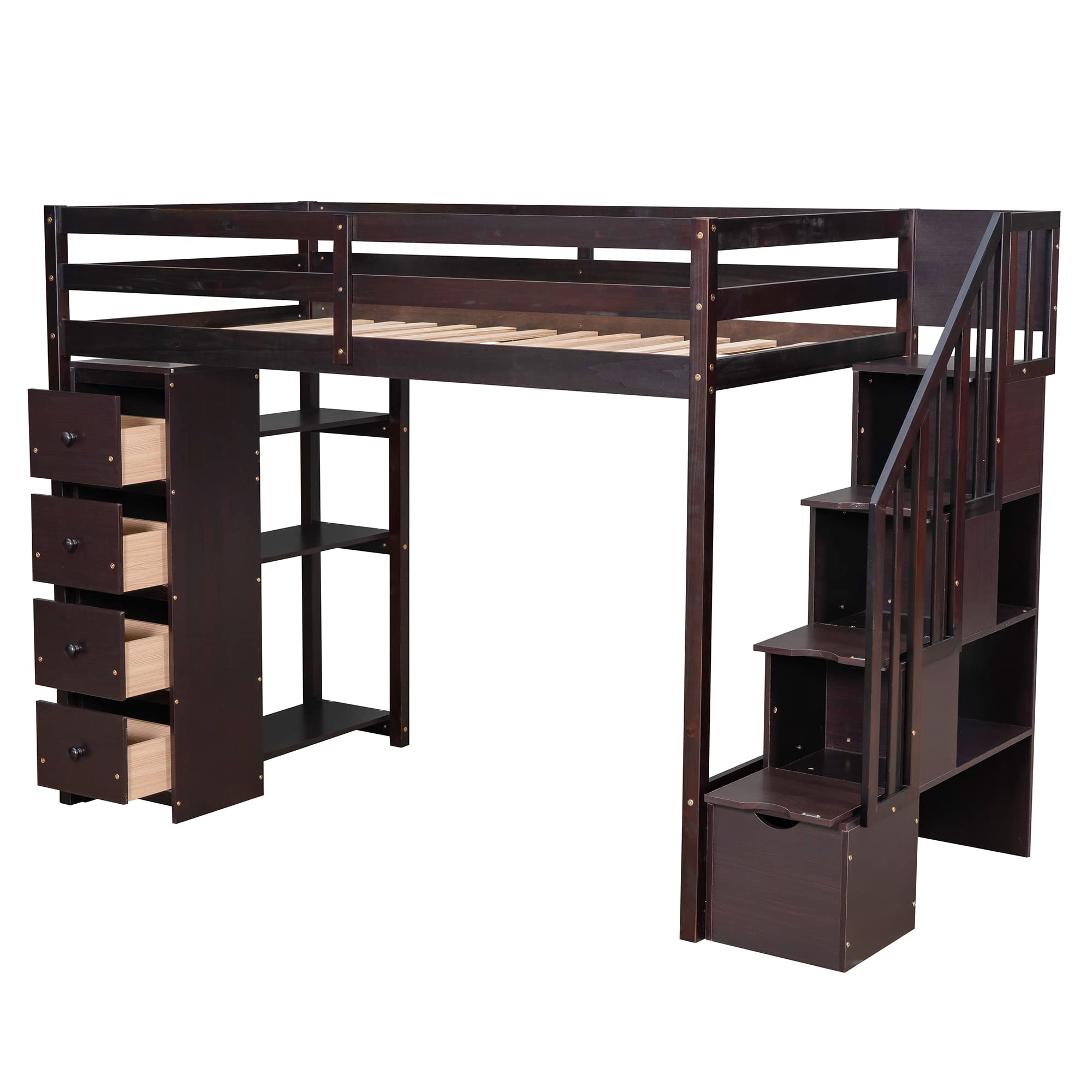 Merax Twin-Size Wooden Loft Bed with Storage Drawers, Stairs & Shelves - Space-Saving Kids & Teens Bedroom Furniture for Small Rooms - Espresso Finish