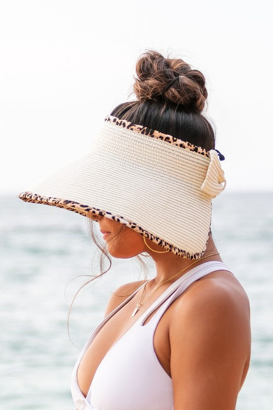 Foldable Straw Hat with Leopard Print Bow Visor - Summer Beach Hat for Women, Outdoor Sun Protection for Travel, Gardening, and Vacations