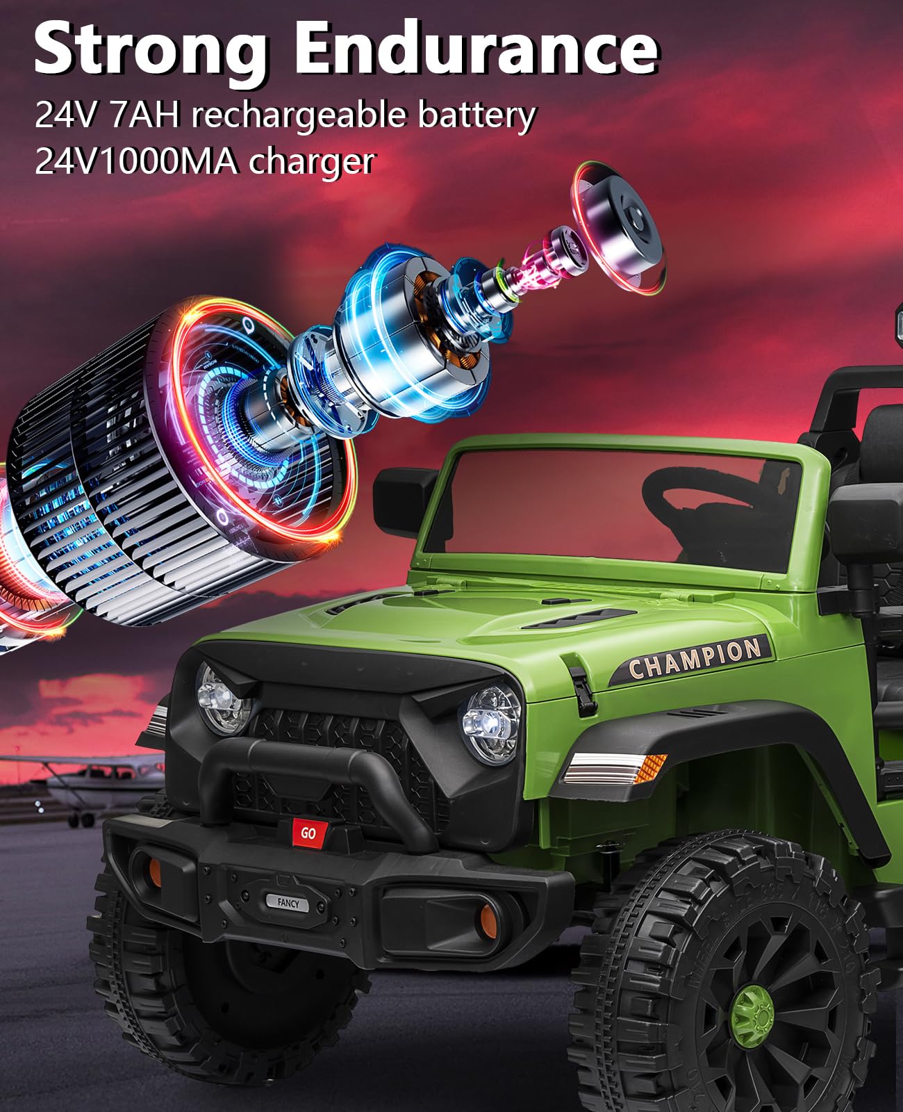 GARVEE 24V Kids Electric Ride On Car - 2 Seater XL Power Wheels for Boys & Girls Ages 3-8 | 3 Speed, 200W Dual Motor, Bluetooth Music, Parent Remote Control, Suspension System | Perfect for Backyard Play, Birthday Gifts & Outdoor Family Fun (Green)