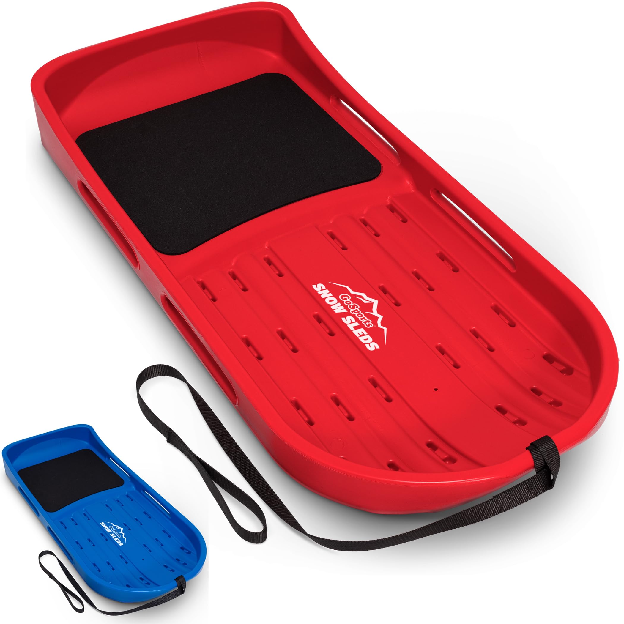 GoSports Premium 2-Person Snow Sled for Adults & Kids - Heavy Duty Double Walled Construction with Pull Strap & Padded Seat - Red or Blue Options - Perfect for Winter Sledding, Snow Tubing & Family Outdoor Fun