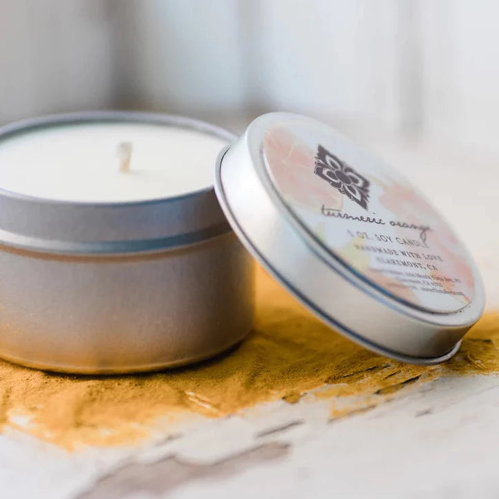 Organic Turmeric & Orange Scented Travel Candle in Tin - Perfect for Camping, Yoga, Relaxation & Gifts