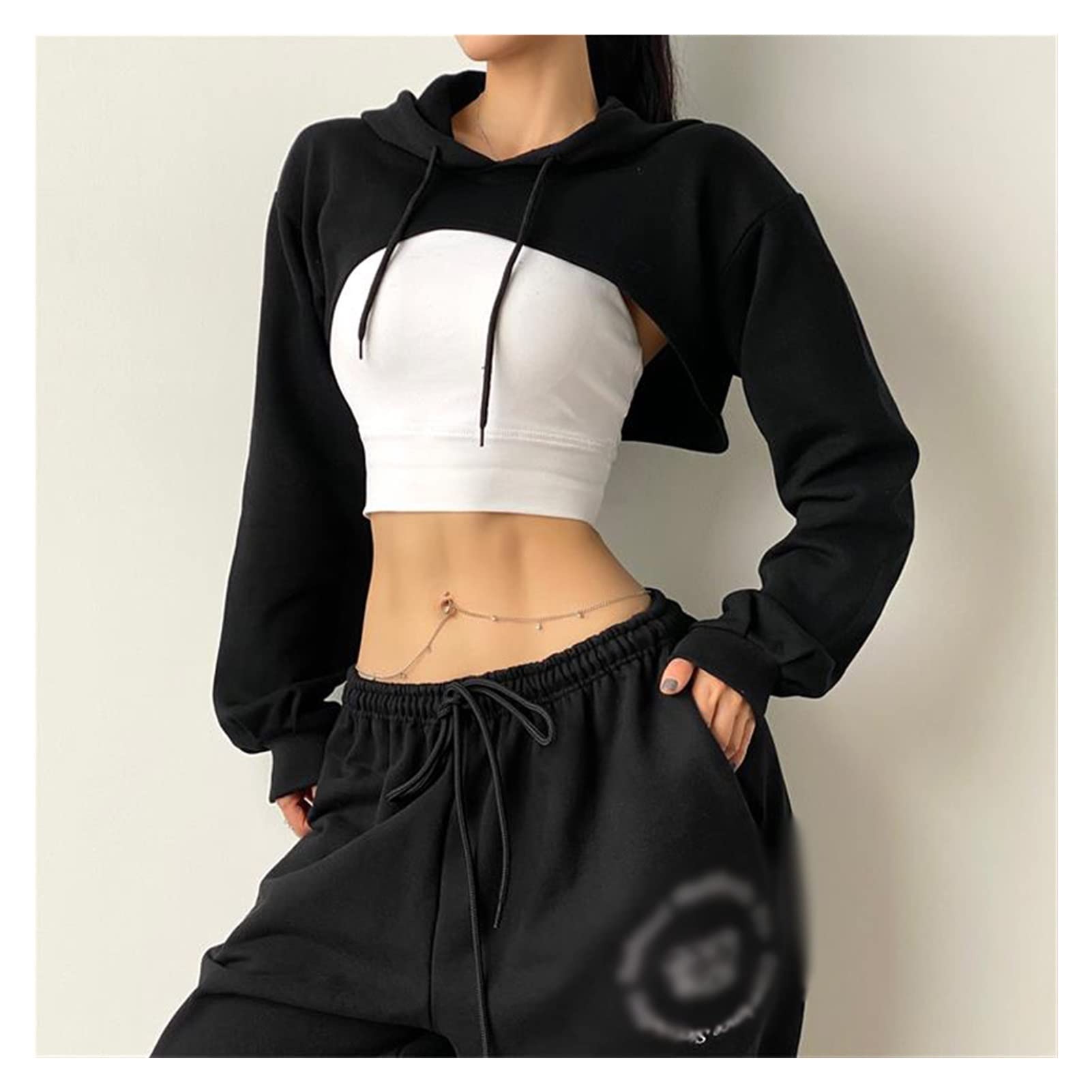 EKDSPW Women's Long Sleeve Hooded Crop Top - Cotton Workout Shirt for Yoga, Gym & Fitness - Breathable Sports Sweatshirt (Black, Size L) - Perfect for Yoga Sessions, Gym Training & Outdoor Workouts