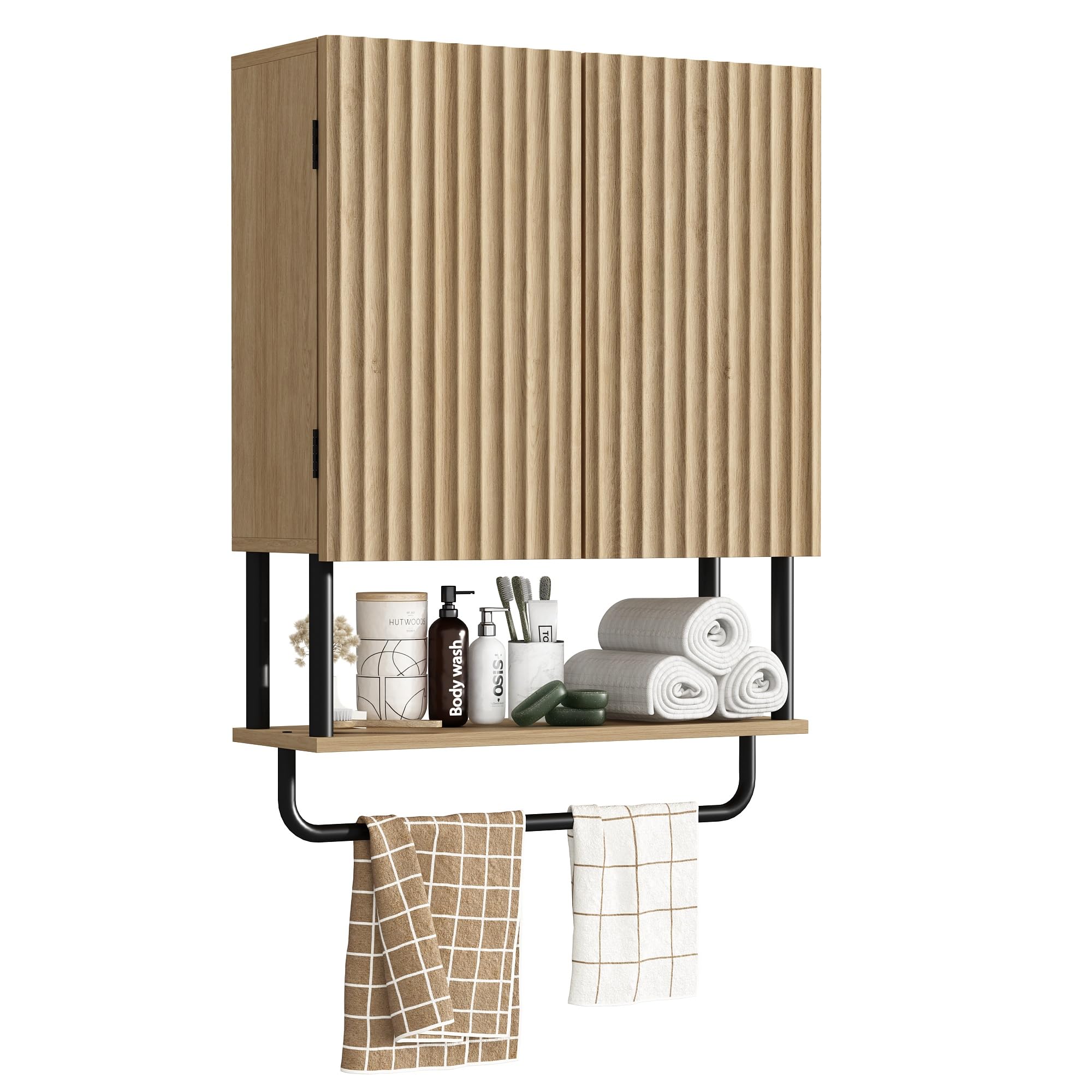 RUSTOWN 2-Door Fluted Bathroom Wall Cabinet - 3-Tier Modern Farmhouse Medicine Cabinet with Adjustable Shelf & Towel Bar - Over The Toilet Storage (Natural, Medium) - Perfect for Small Bathrooms, Vanity Organizer & Towel Storage