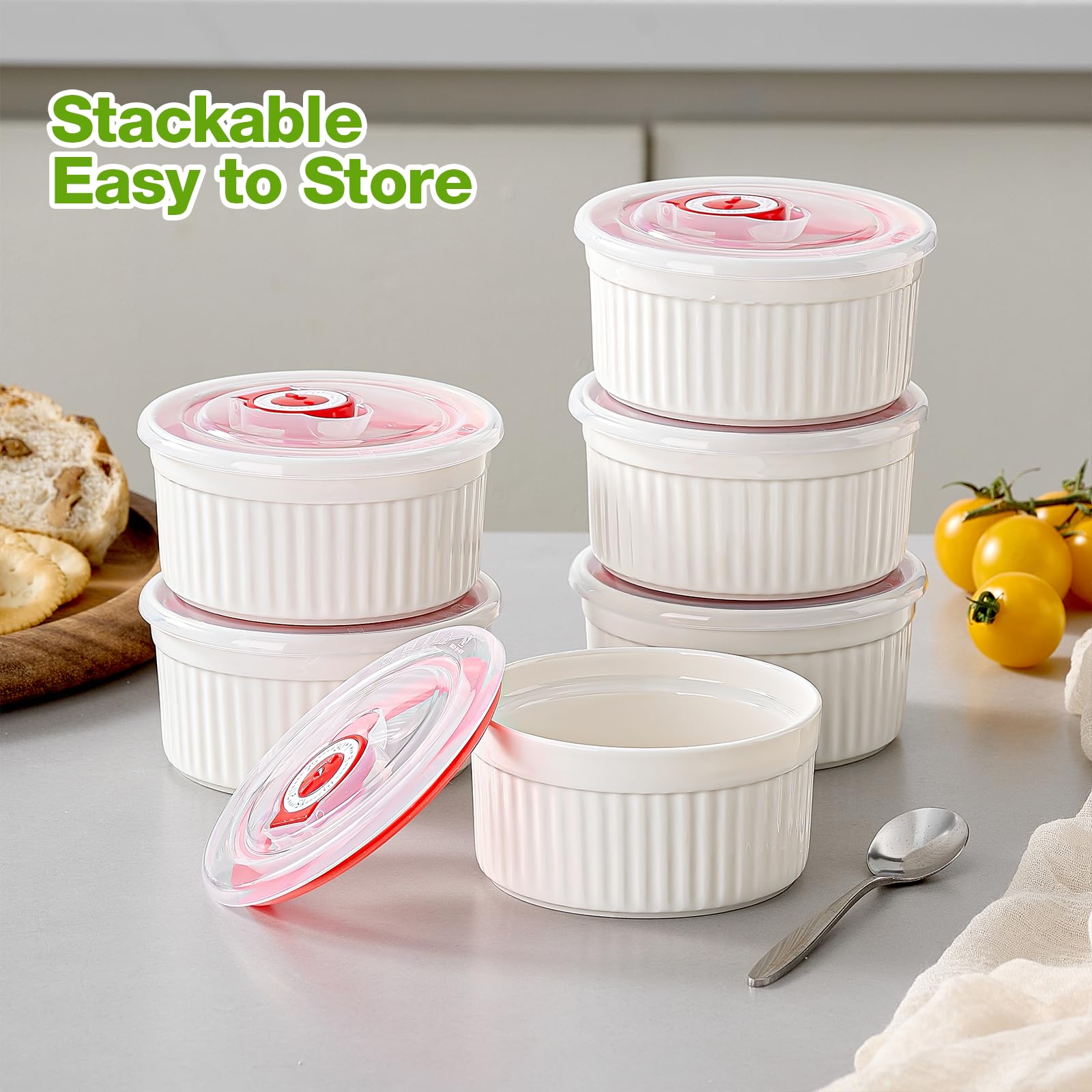 6-Piece Mfacoy Porcelain Ramekins Set with Lids - 8 oz White Oven-Safe Baking Cups for Creme Brulee, Souffle, Pudding & Custard - Perfect for Desserts, Sauces & Small Dishes - Dishwasher & Microwave Safe