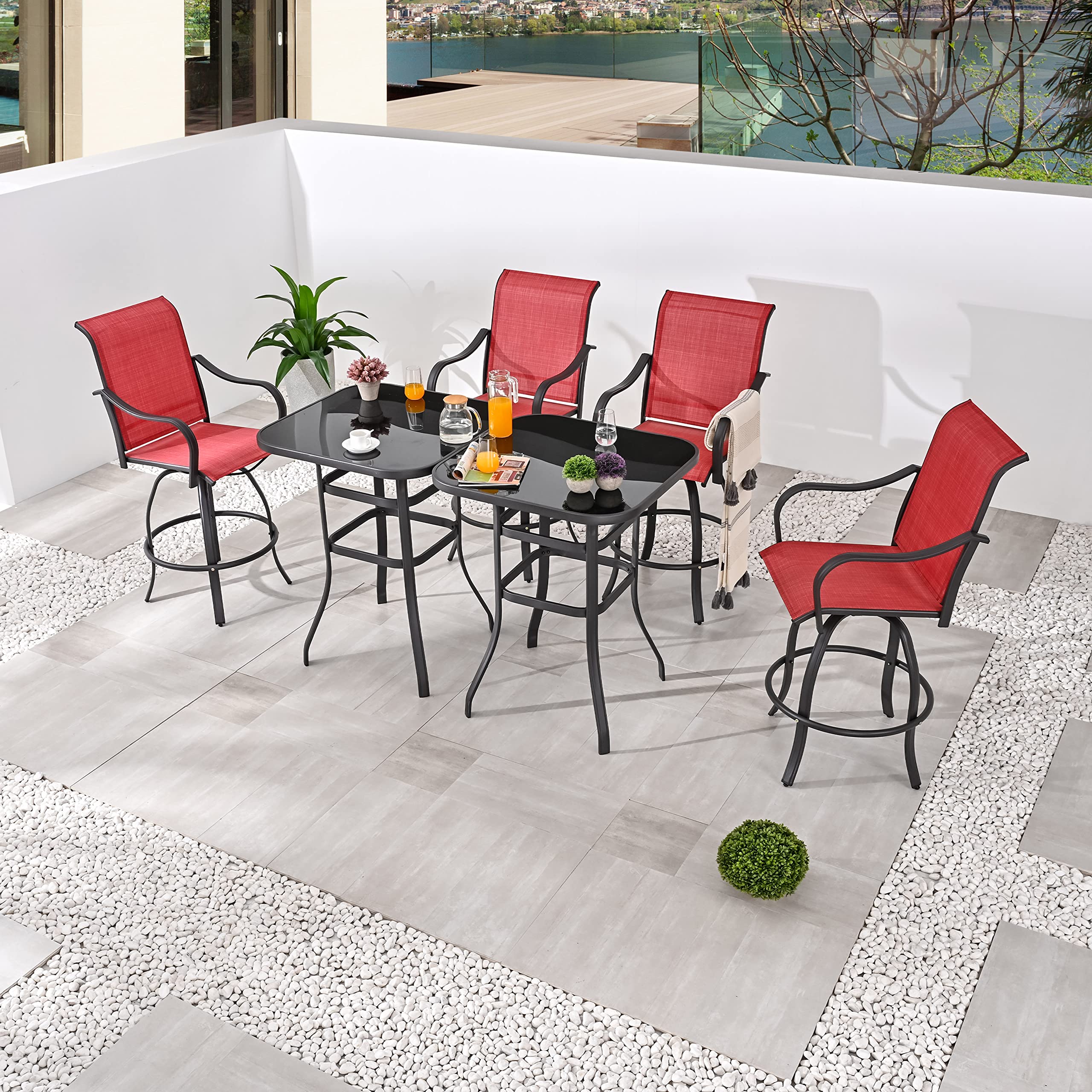 LOKATSE HOME 6-Piece Patio Dining Set - Outdoor Swivel Chairs with Tempered Glass Table - Modern Bistro Furniture for Poolside, Cafe, Porch & Bar (Red) | Perfect for Backyard Entertaining, Garden Parties & Outdoor Dining