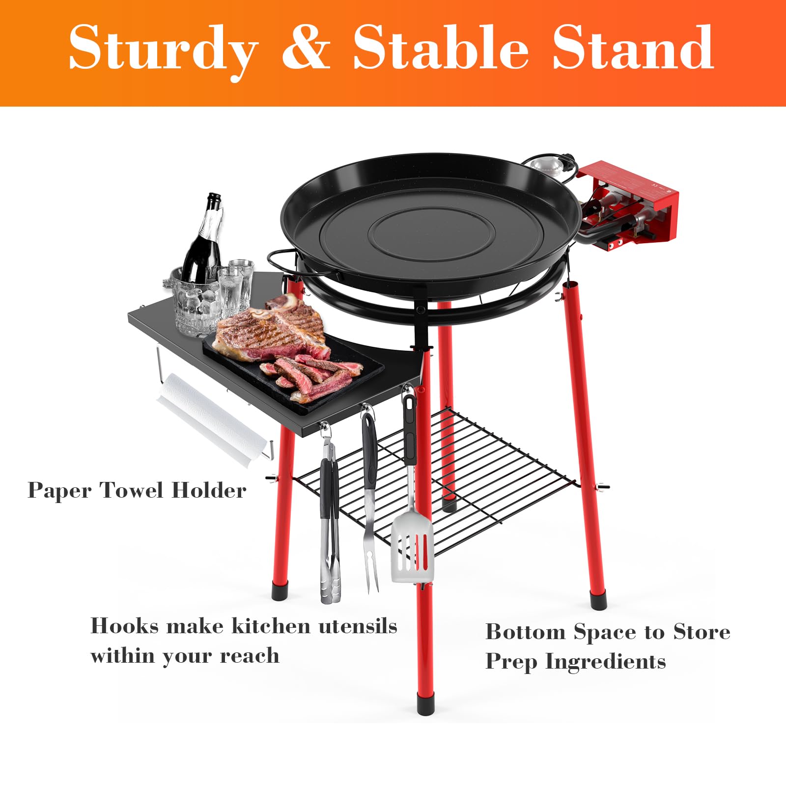 GRISUN 18 Inch Enameled Paella Pan Set with Burner, Stand & Accessories - Includes Built-In Ignitor, Regulator Hose, Carry Bag & Durable Legs - Perfect for Outdoor Cooking, Parties & Spanish Cuisine (12 Servings)