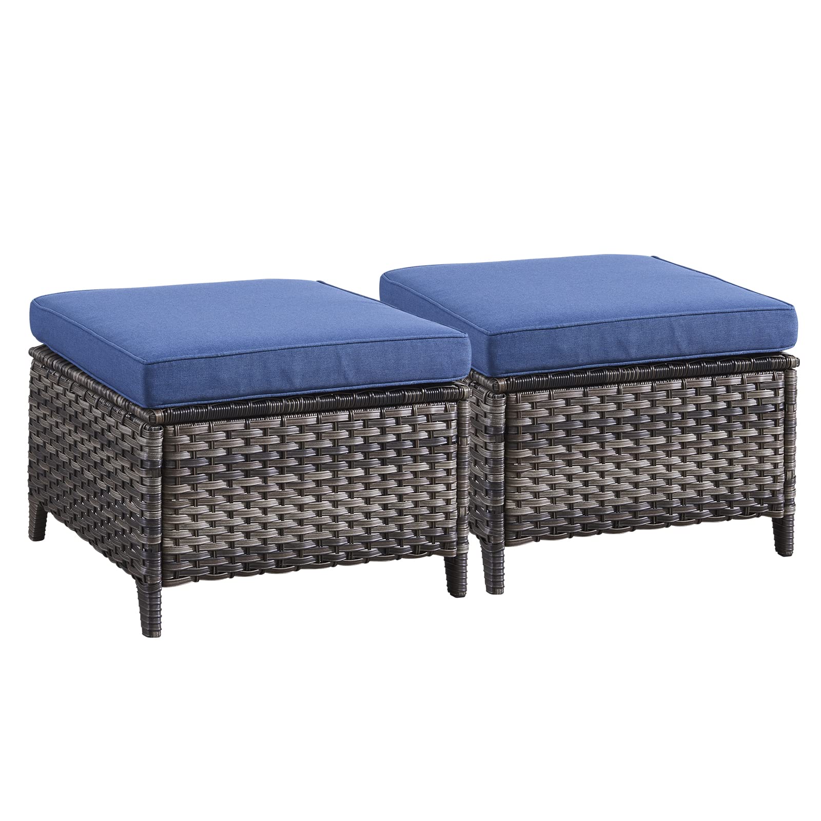 2-Piece Outdoor Wicker Ottoman Set with Thick Cushions - Grey/Blue Rattan Patio Footrests for Garden, Poolside & Deck Relaxation