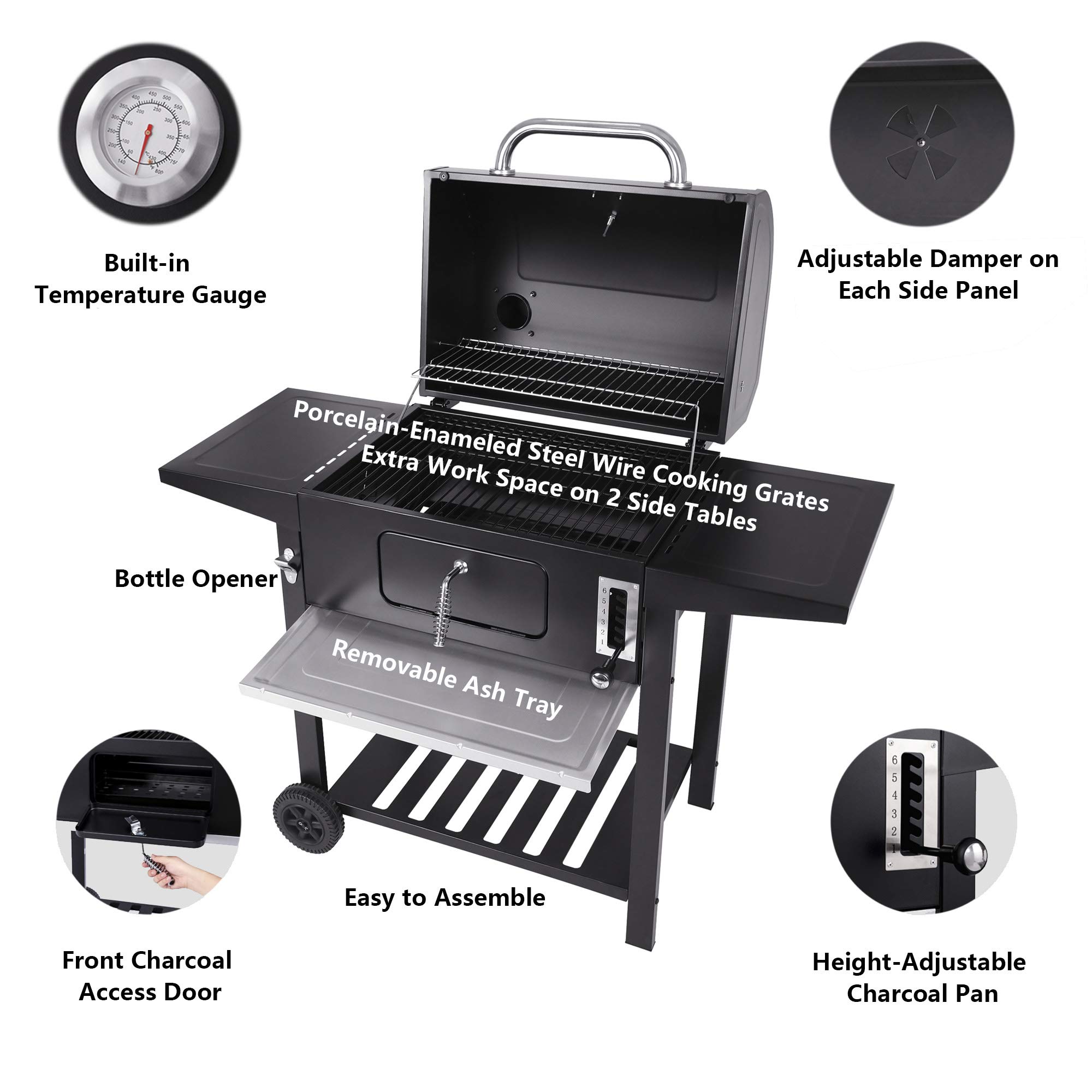 Royal Gourmet 24 Inch Charcoal BBQ Grill - 587 Sq. In. Cooking Area with Side Tables | Outdoor Barbecue Grill for Backyard, Picnic & Camping | Heavy-Duty Black Grill for Patio, Tailgating & Family Gatherings