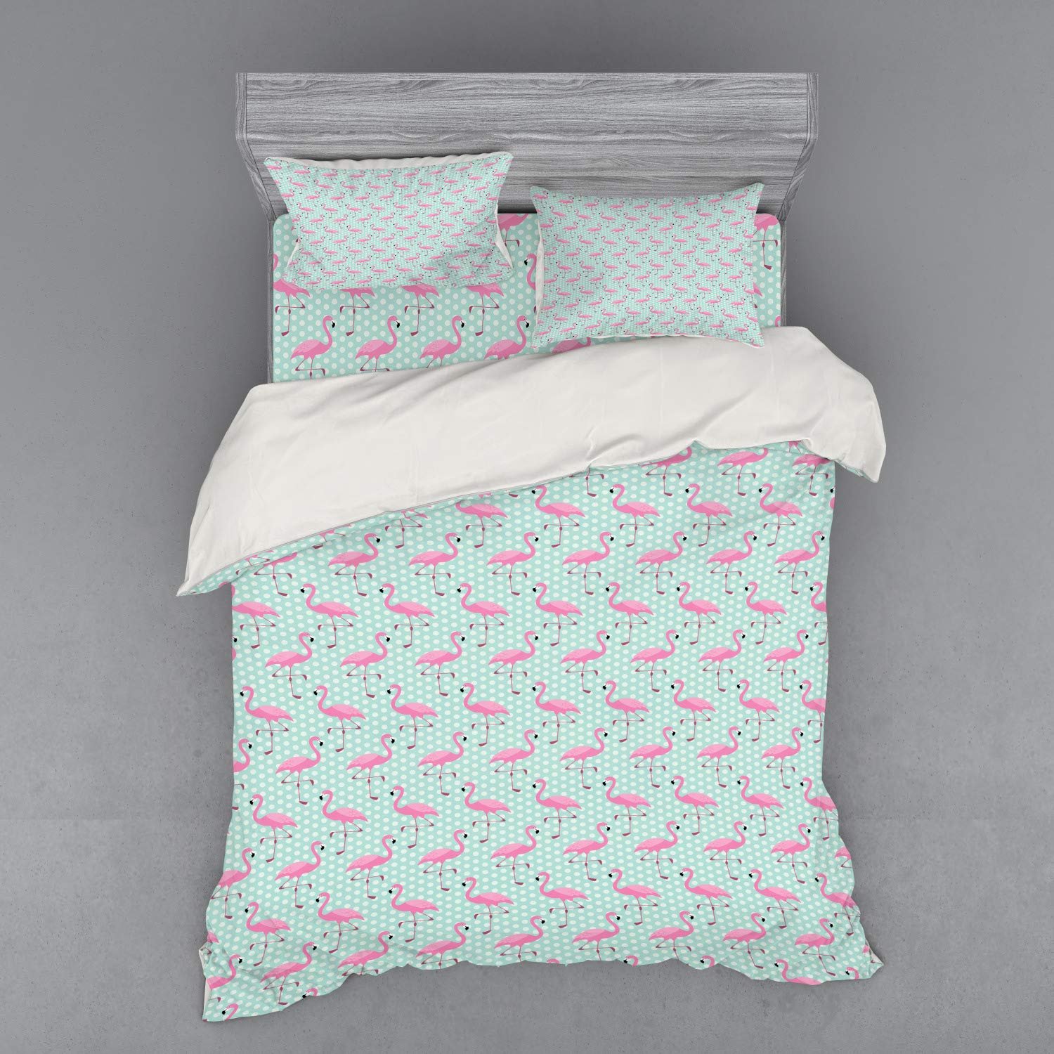 Ambesonne Pink Flamingo 4-Piece Duvet Cover Set - Tropical Hawaiian Birds & Exotic Animal Print on Polka Dot Background, California King Size in Mint Green & Pale Pink | Perfect for Beach House, Boho Bedroom or Tropical Vacation Theme Decor