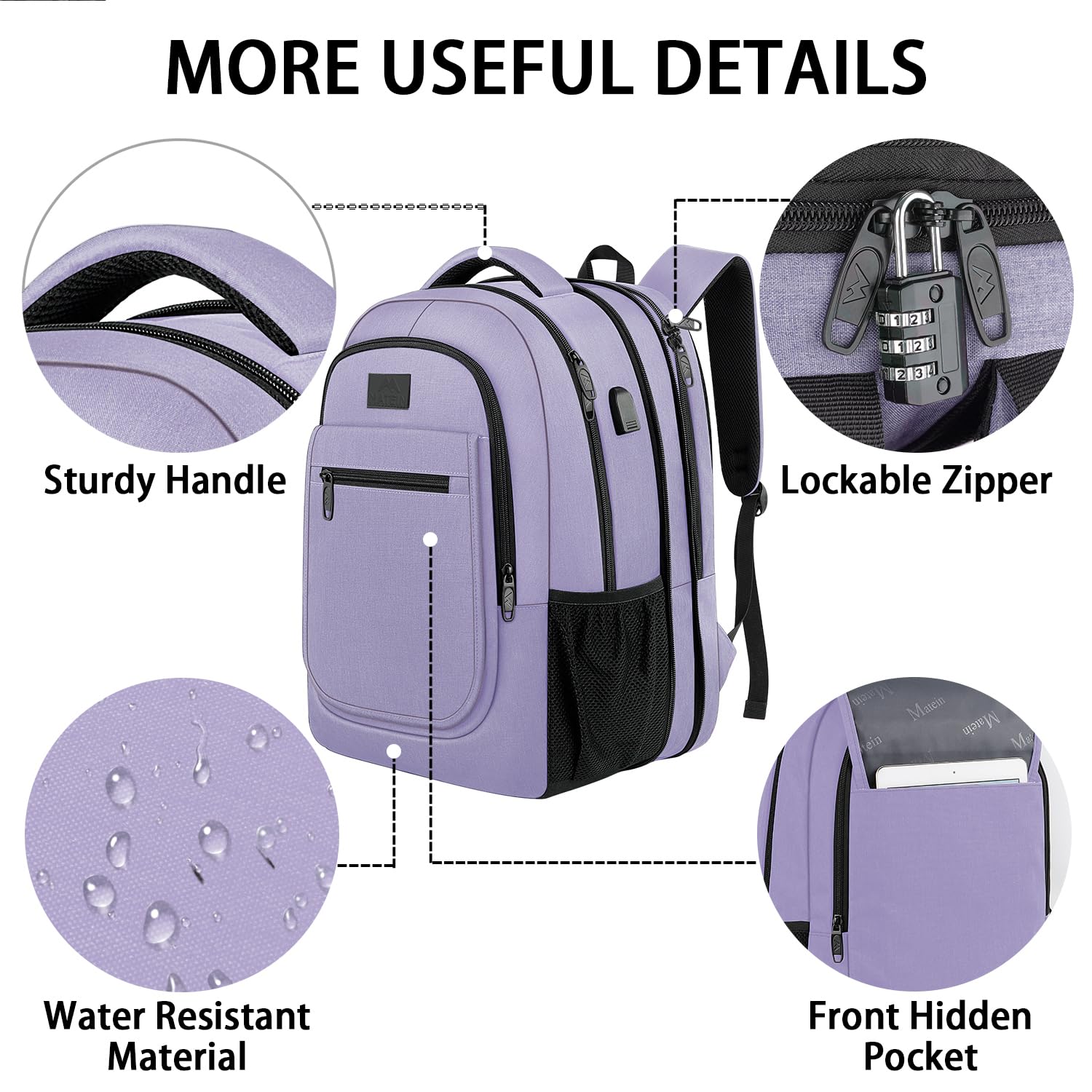 MATEIN Expandable 15.6 Inch Laptop Backpack for Women & Men, Anti-Theft USB Charging Port, Water-Resistant Business Computer Bag, Perfect for College, Travel, Work & Daily Commute, Purple