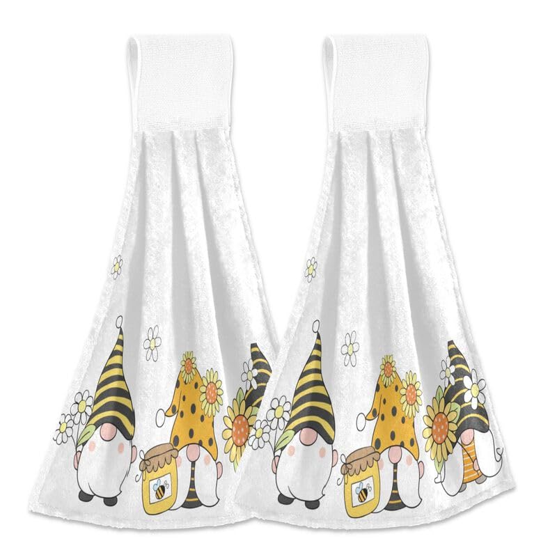 **Bee Gnomes Hanging Kitchen Towels - 2PCS Absorbent Dish Cloths with Loops for Oven, Stove & Bathroom - Floral Spring Summer Hand Towels for Home Decor & Kitchen Use**    *(Use for drying hands, dishes, or as decorative kitchen accents - perfect for spring and summer home styling!)*