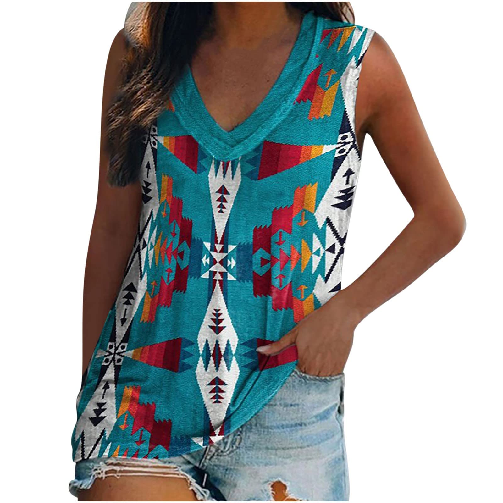 NIUQI Women's Sleeveless Aztec Tank Top - Summer Western Graphic Tee for Casual Outings