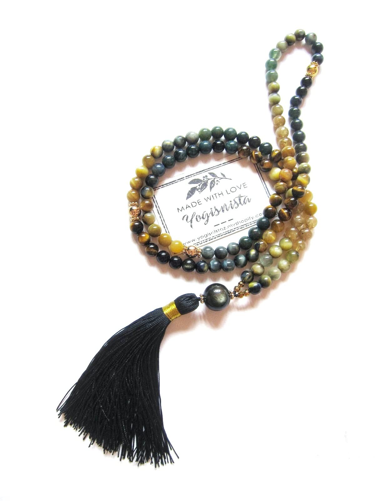 Blue Tiger Eye & Bloodstone Mala Necklace for Protection, Abundance & Good Luck | Honey Mustard & Black Obsidian Beaded Necklace | Cat's Eye & Gray Tiger Eye Spiritual Jewelry | Perfect Christmas Gift for Meditation, Yoga & Positive Energy