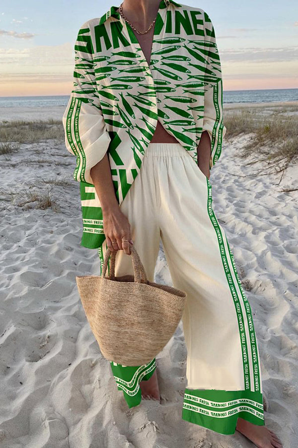 Stylish Ocean Print Oversized Shirt & Elastic Waist Pocket Pants Set - Women's Casual Loungewear for Beach Vacation & Summer Outfits