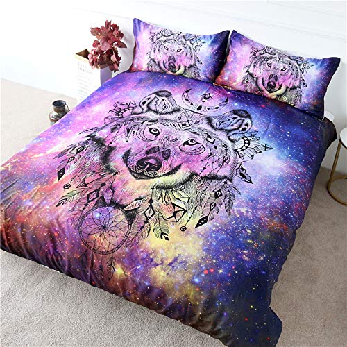 BlessLiving Galaxy Wolf Duvet Cover Set - 3 Piece Pink Blue Purple Nebula Space Wolf Bedding with Cosmic Wolf Dream Catcher Design (Full Size) for Teen & Adult Bedrooms, Dorm Room Decor, Space Themed Bedroom
