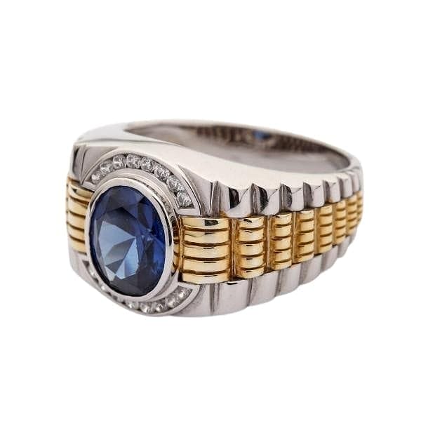 Luxury Sapphire & Gold Sterling Silver Two-Tone Men's Rolex Ring – Perfect for Weddings, Gifts & Formal Occasions