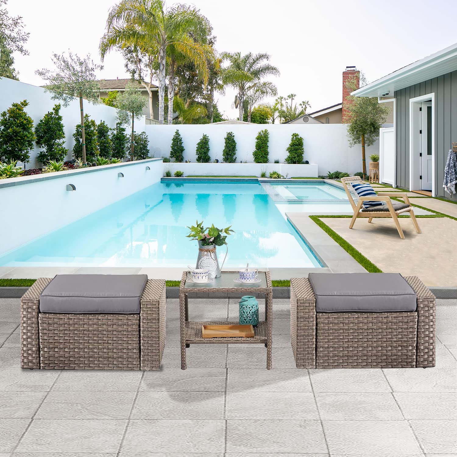 Stamo 3-Piece Outdoor Patio Furniture Set - Wicker Ottoman Chairs with Glass Coffee Table & Grey Removable Cushions, Coffee-Grey - Perfect for Garden, Poolside, and Backyard Relaxation