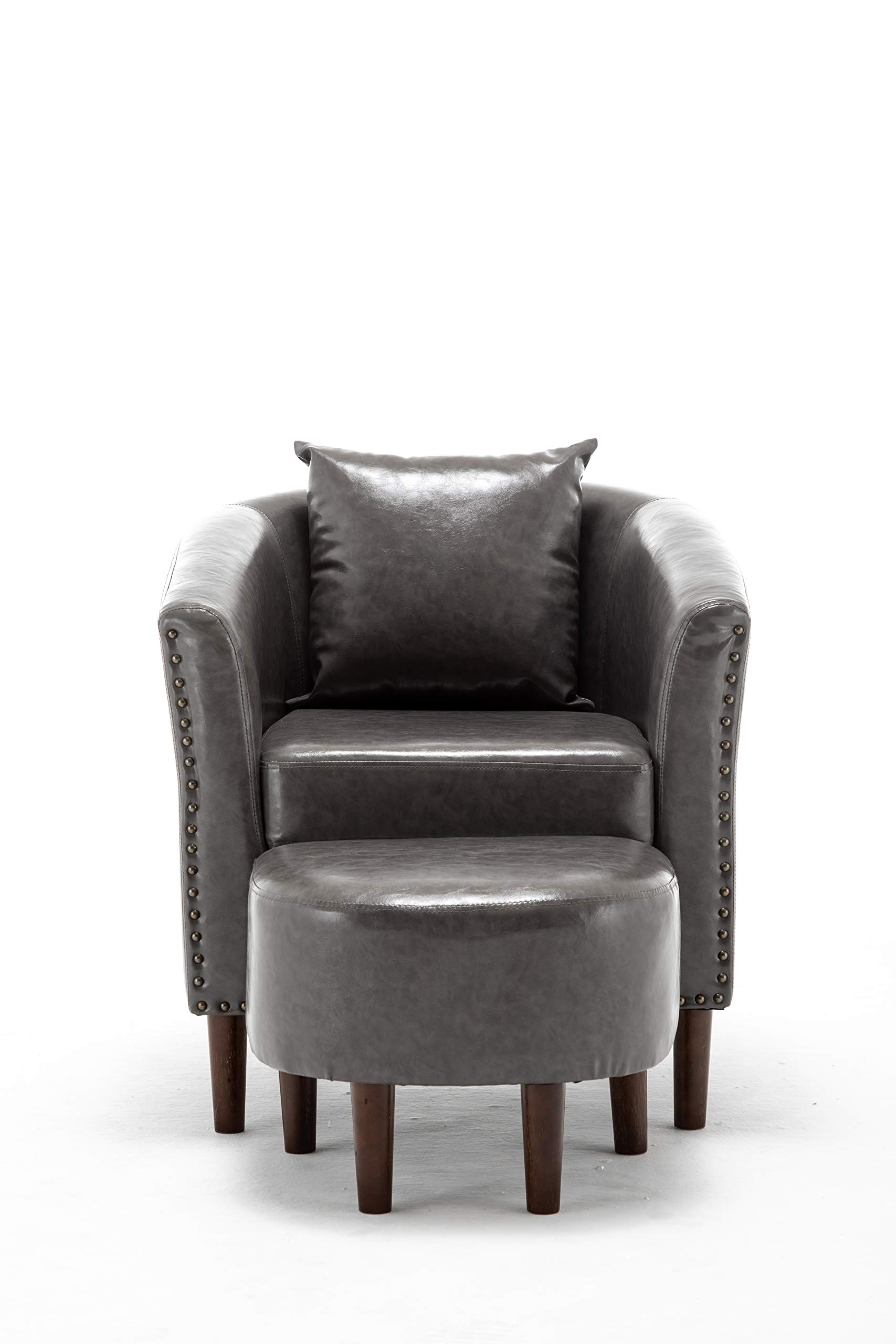 Modern Accent Chair - Faux Leather Upholstered Arm Barrel Club Chair with Ottoman Footrest for Living Room, Bedroom, or Office (Grey) | Captain Ninja Stylish Seating for Relaxation & Home Decor