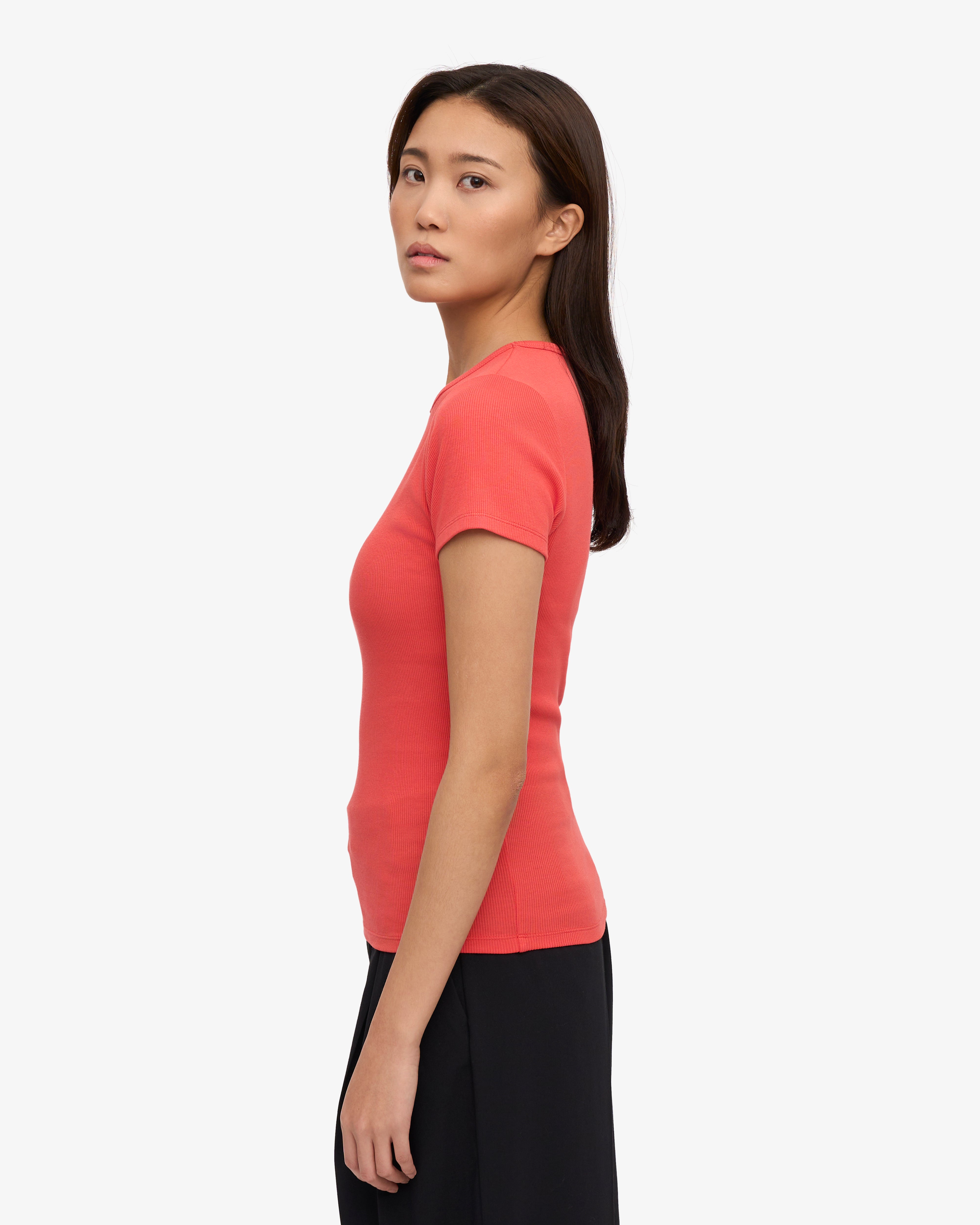Organic Cotton Rib T-Shirt for Men & Women - Soft & Comfortable Red Tangerine Color - Perfect for Casual Wear, Yoga & Everyday Outfits