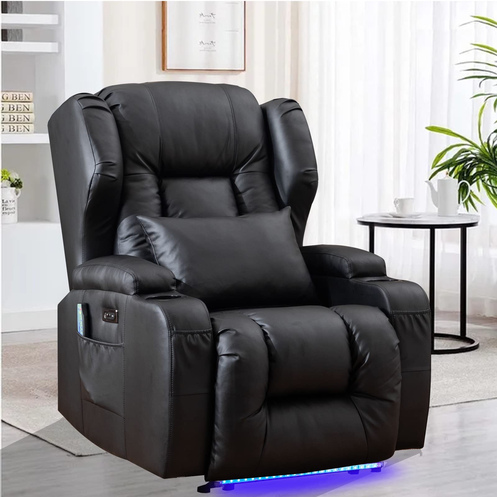 SAMERY Power Recliner Chair with Massage & Heat - Electric Wingback Recliner for Elderly & Adults, Ergonomic Lounge Sofa with LED Lights, USB Port, Cup Holders & Storage Pockets - Perfect for Home Theater, Living Room & Relaxation