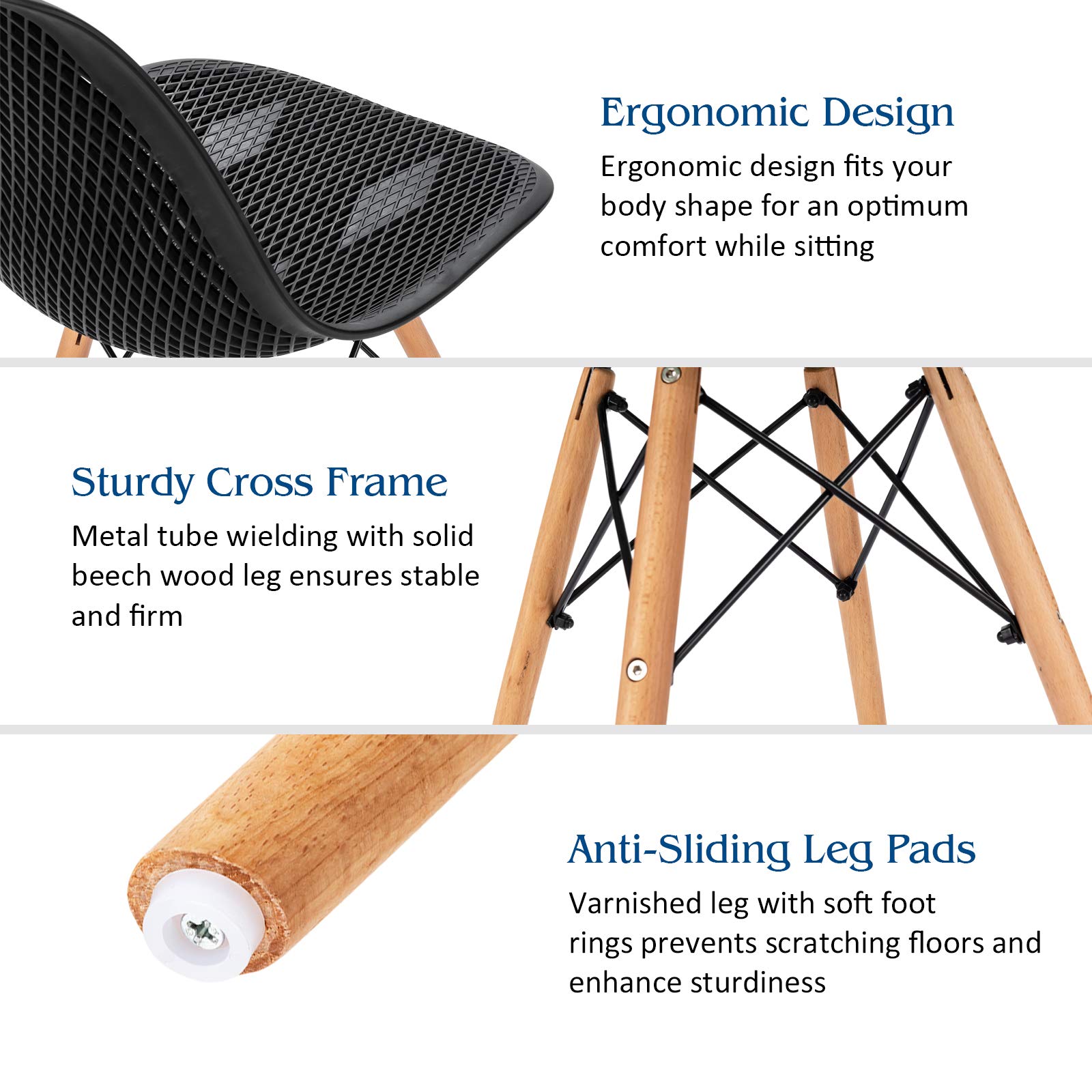Modern Dining Chairs Set of 2 - Indoor/Outdoor Shell PP Lounge Side Chairs with Mesh Design & Beech Wood Legs - Tulip Leisure Chairs for Kitchen, Dining Room, Patio, and Office - Black