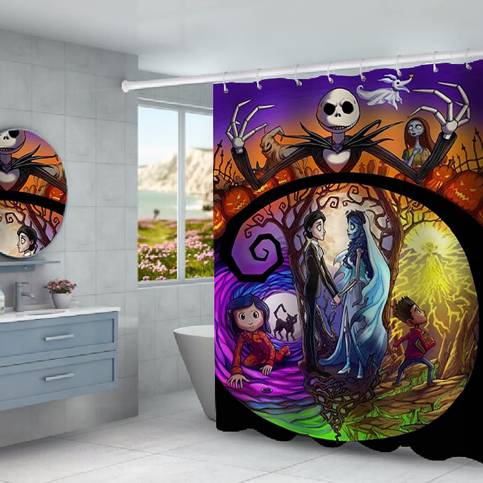 NEWSUYAA Halloween Shower Curtain Set with Non-Slip Bath Rugs & Mats, Bathtub Curtain with 12 Hooks - Waterproof Bathroom Decor for Spooky Halloween Party & Themed Home Decor