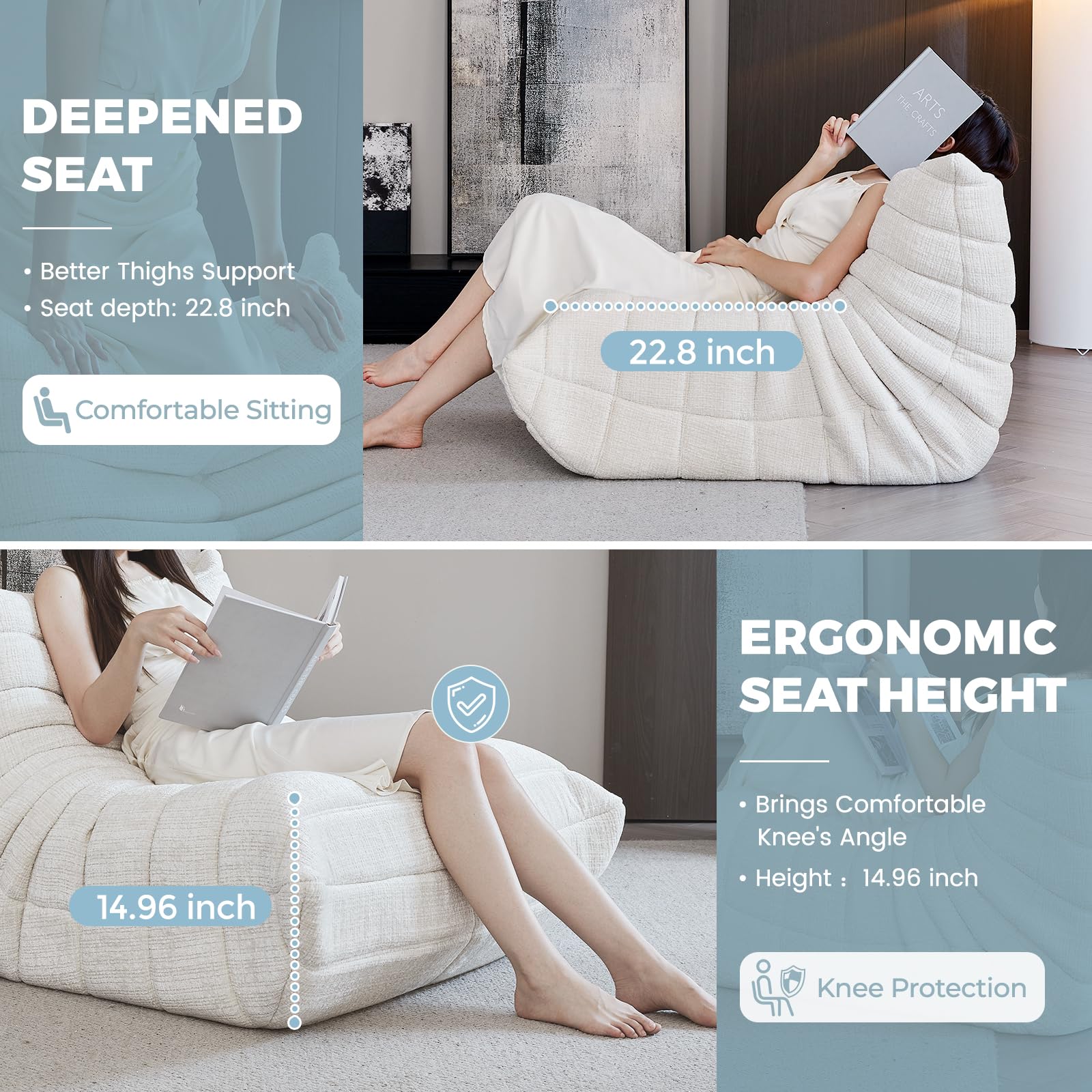 Comfy Fireside Bean Bag Chair for Adults - Modern Chenille Fabric Togo Floor Sofa with High-Density Foam, Single Caterpillar Design - Perfect for Living Room, Bedroom, Salon & Cozy Corners (White)