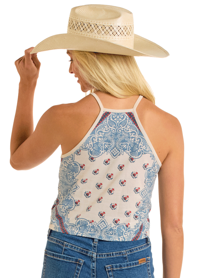 Rock & Roll Denim BW20T06288 Women's Scarf Print Tank Top - Blue & Natural - Casual Summer Outfit, Music Festival Style, Boho Chic Look